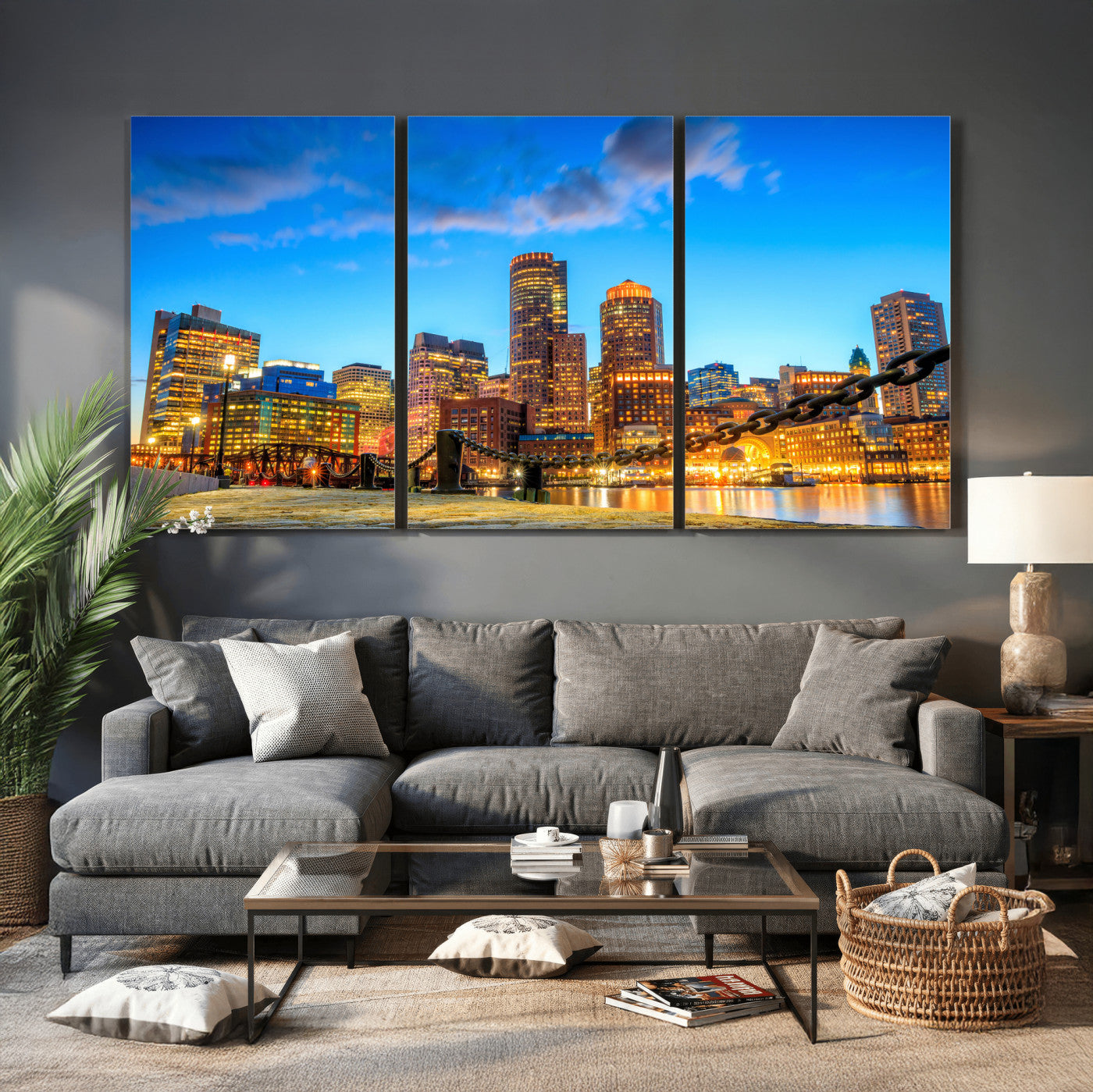 46736409-MGV-CV-36X24 - Boston Wall Art Canvas Print, Boston City Downtown Night Cityscape Print for Modern Urban Wall Decor