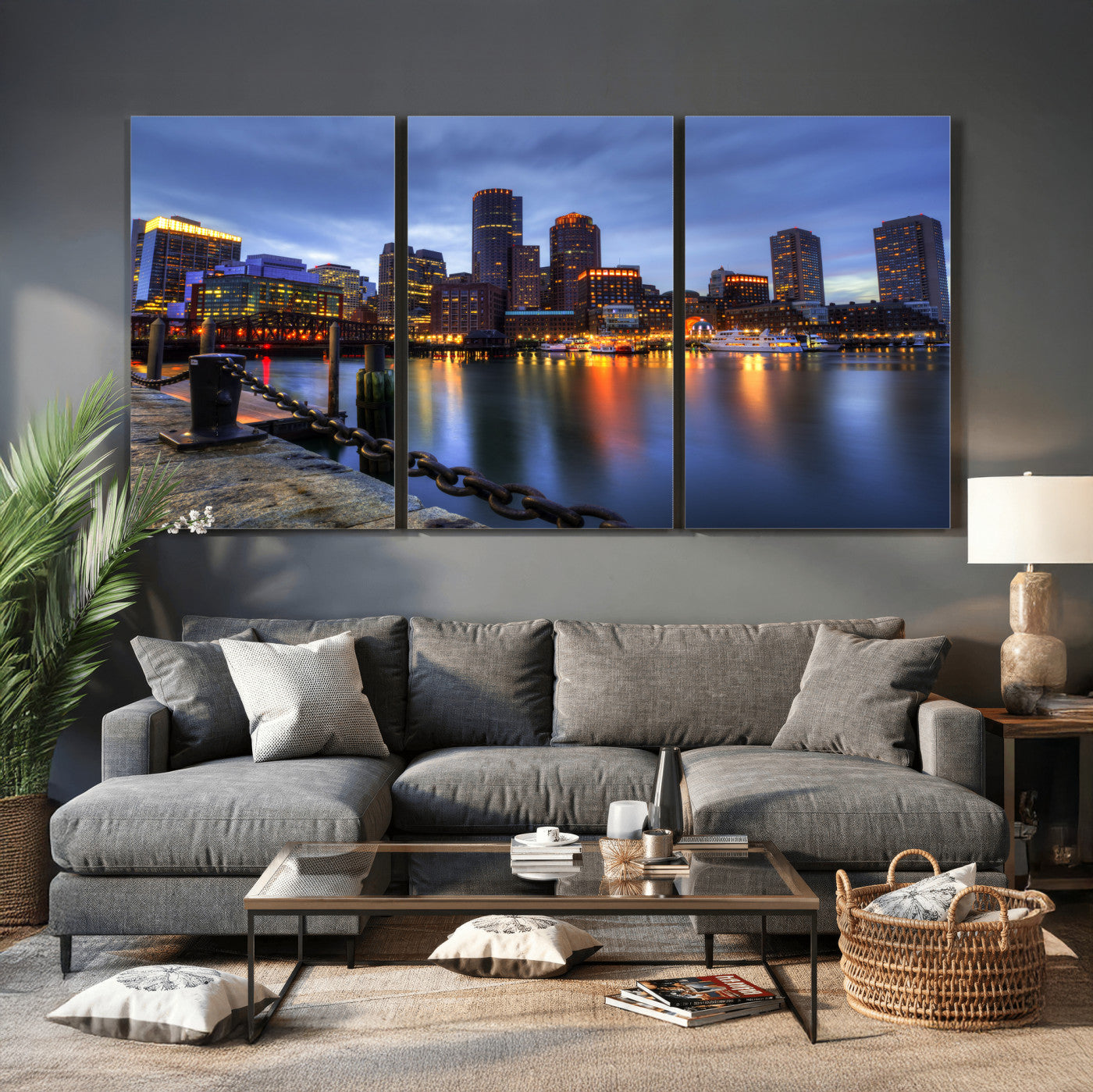 82439622-MGV-CV-36X24 - Boston Wall Art Canvas Print, Boston City Downtown Night Cityscape Print for Modern Urban Wall Decor