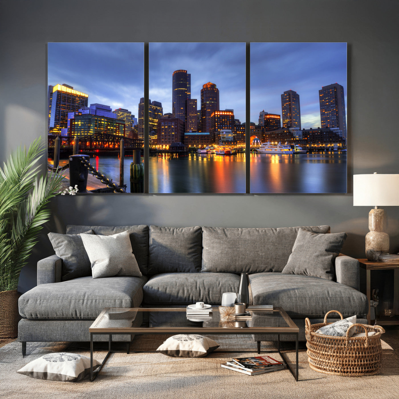 74951698-MGV-CV-60X30-3P - Boston Wall Art Canvas Print, Boston City Downtown Night Cityscape Print for Modern Urban Wall Decor