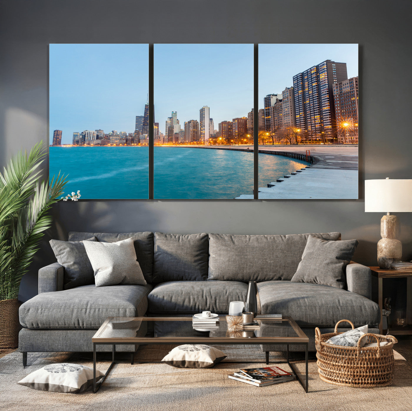66780141-MGV-CV-36X24 - Chicago Wall Art Canvas Print, Chicago City Downtown Night Cityscape Print for Modern Urban Wall Decor