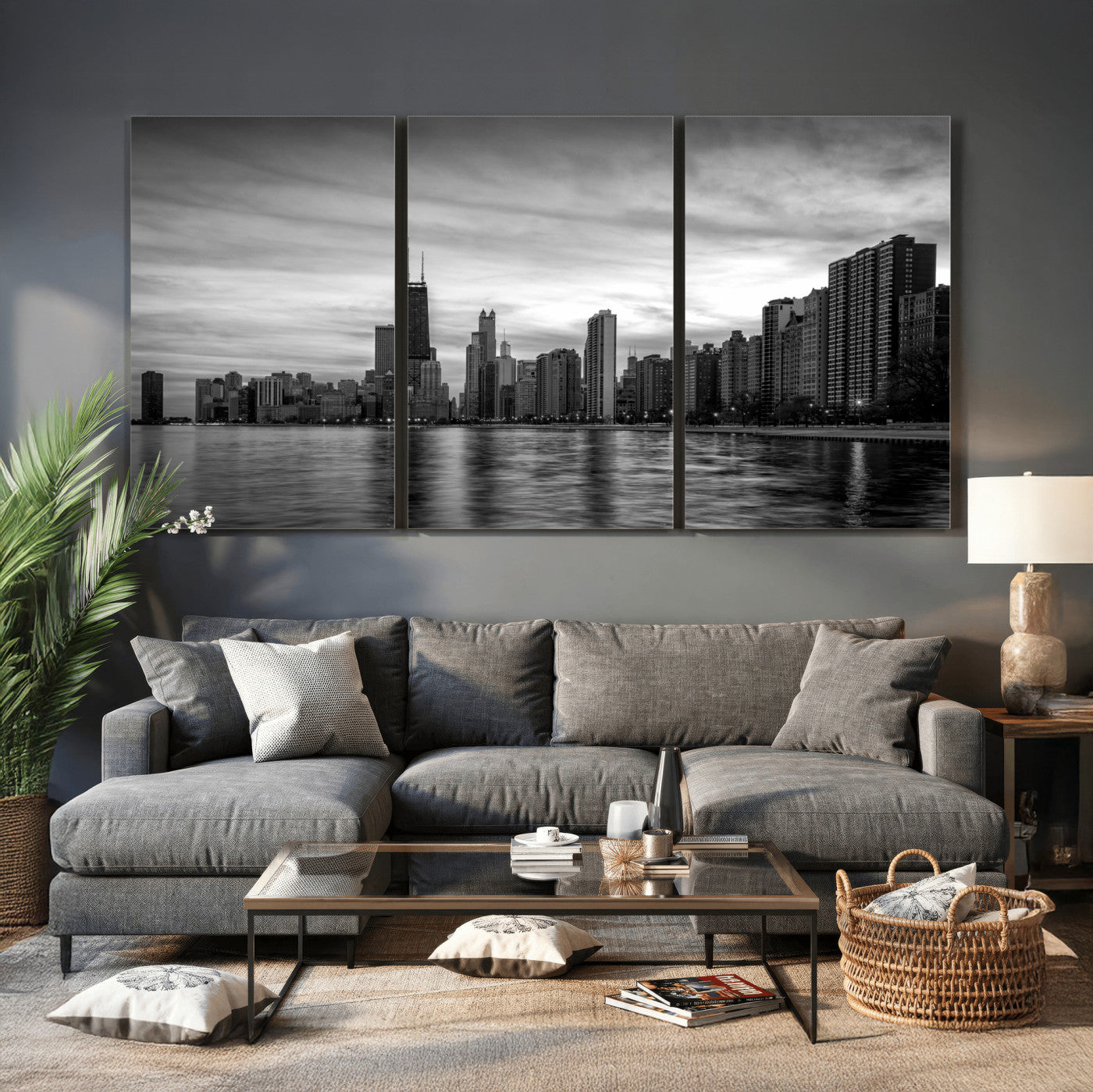 74552581-MGV-CV-36X24 - Chicago Wall Art Canvas Print, Chicago City Downtown Night Cityscape Print for Modern Urban Wall Decor