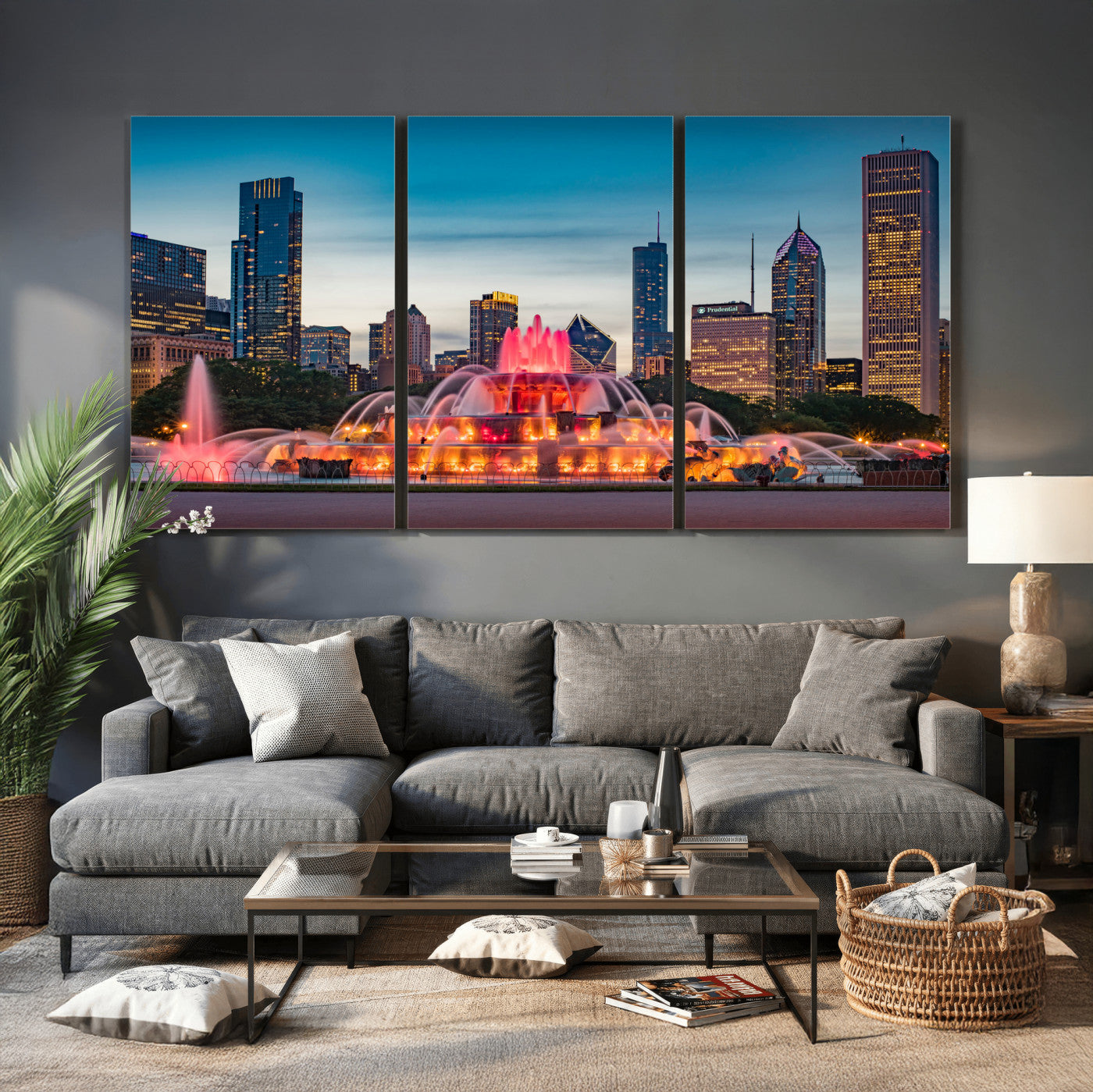 46805285-MGV-CV-36X24 - Chicago Wall Art Canvas Print, Chicago City Downtown Night Cityscape Print for Modern Urban Wall Decor