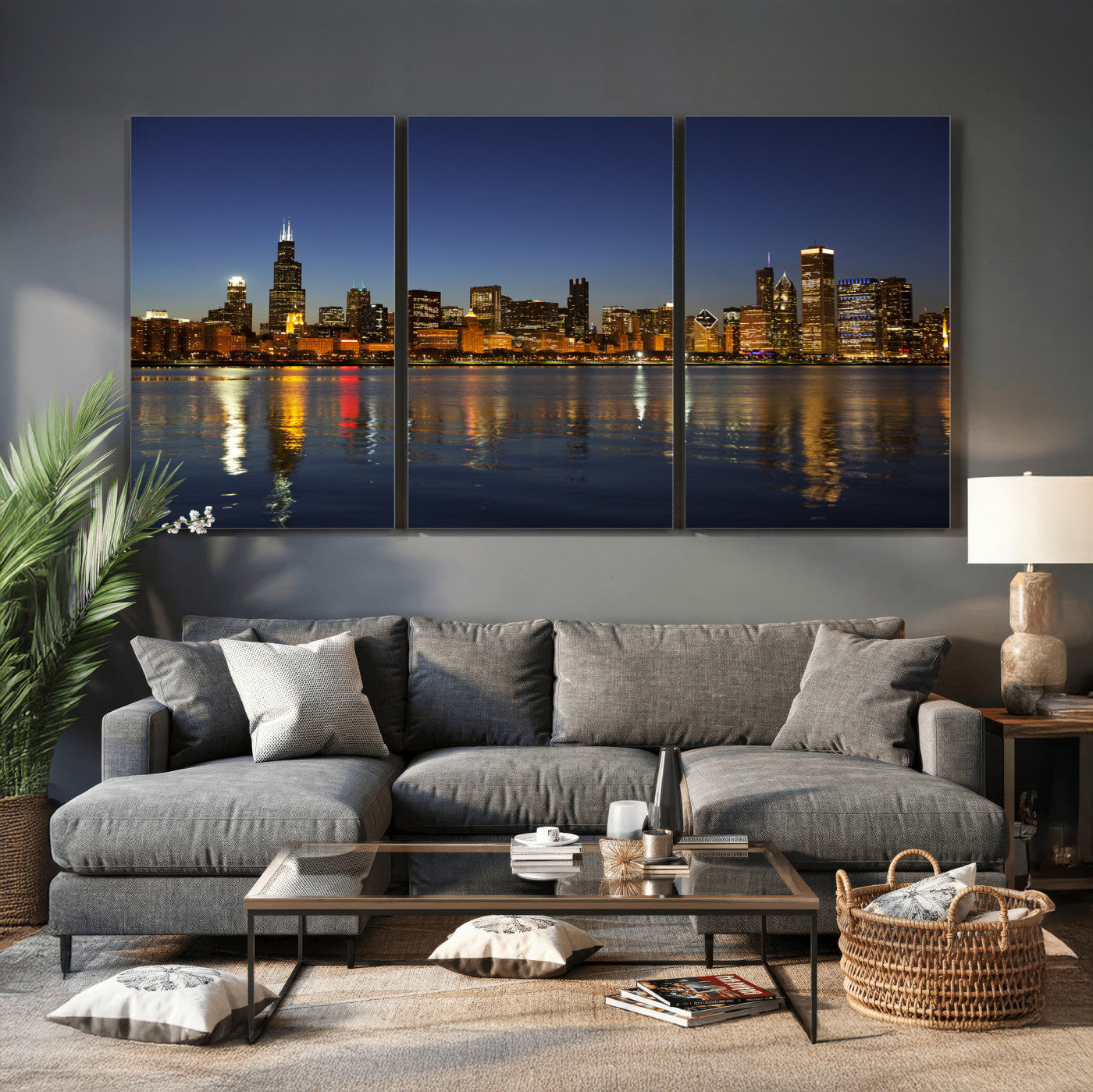 67308035-MGV-CV-36X24 - Chicago Wall Art Canvas Print, Chicago City Downtown Night Cityscape Print for Modern Urban Wall Decor