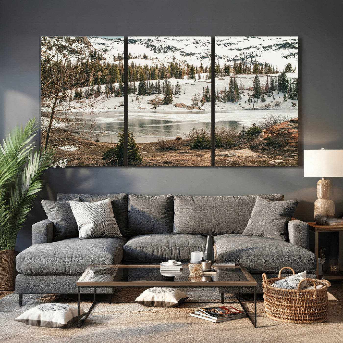 10336249-MGV-CV-36X24 - Snowy Mountain Landscape Wall Art Canvas Print, Alpine Pine Forest Winter Nature Wall Decor for Living Room and Office