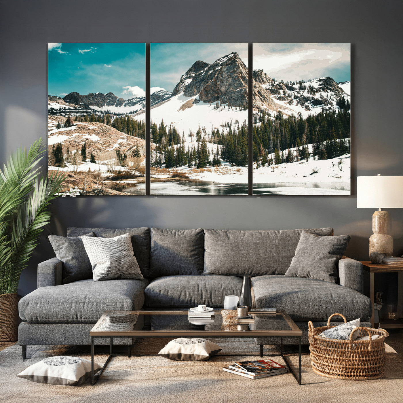 56837070-MGV-CV-36X24 - Snowy Mountain Landscape Wall Art Canvas Print, Alpine Pine Forest Winter Nature Wall Decor for Living Room and Office