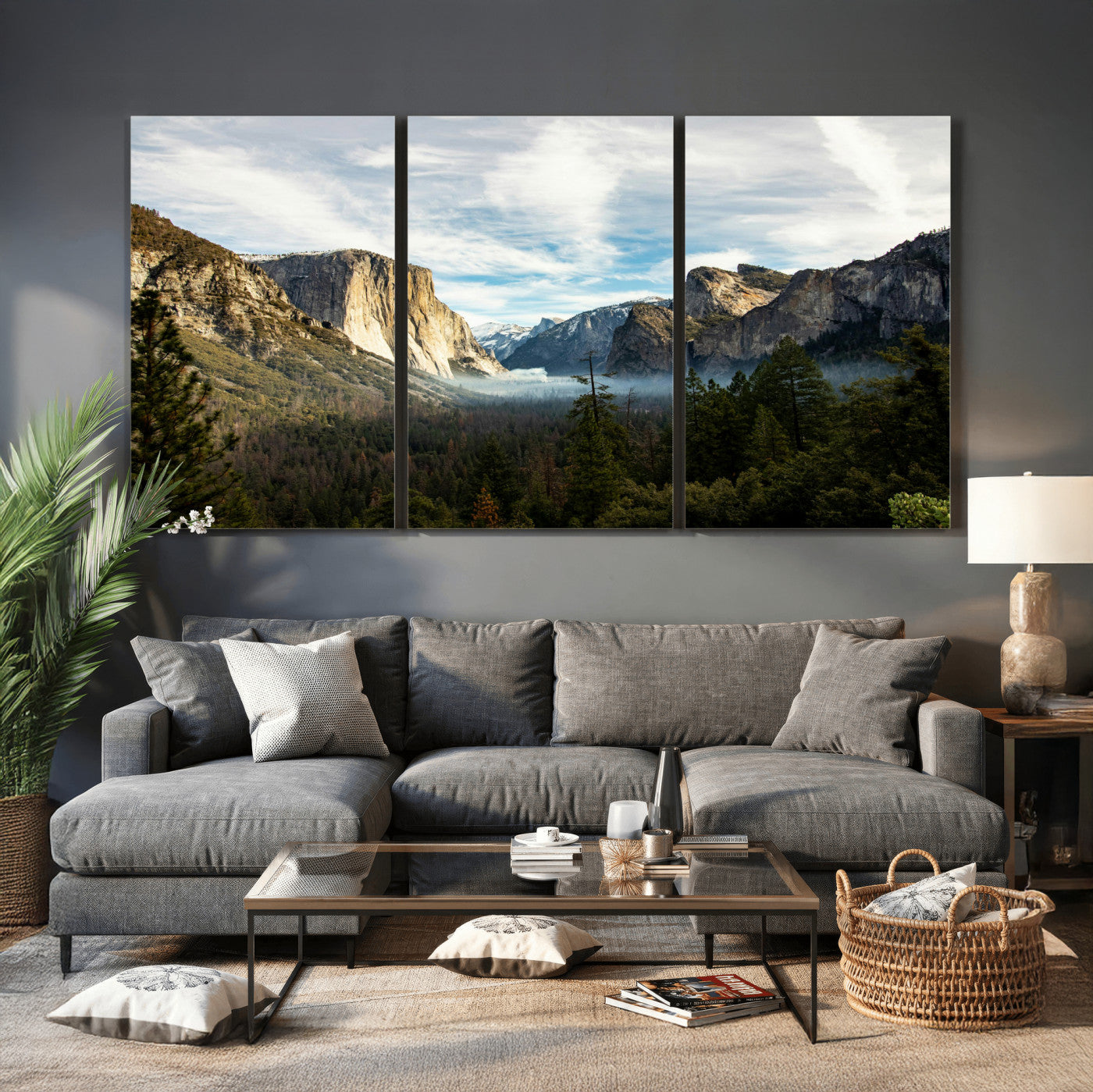 15089394-MGV-CV-36X24 - Yosemite Valley Mountain Landscape Wall Art Canvas Print, Granite Cliff Forest Valley Canvas Print, California National Park Scenic Art Printing