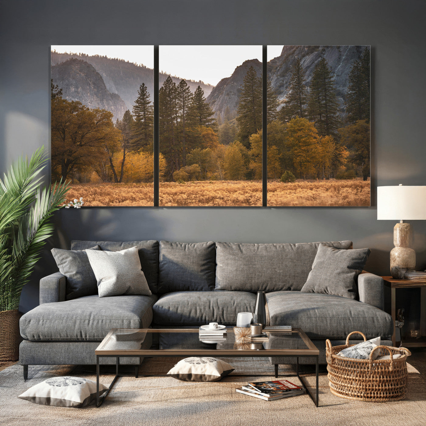 61682763-MGV-CV-36X24 - Yosemite Valley Autumn Forest Landscape Wall Art Canvas Print, Granite Mountain Pine Trees Canvas Print, California National Park Fall Scenic Art Printing