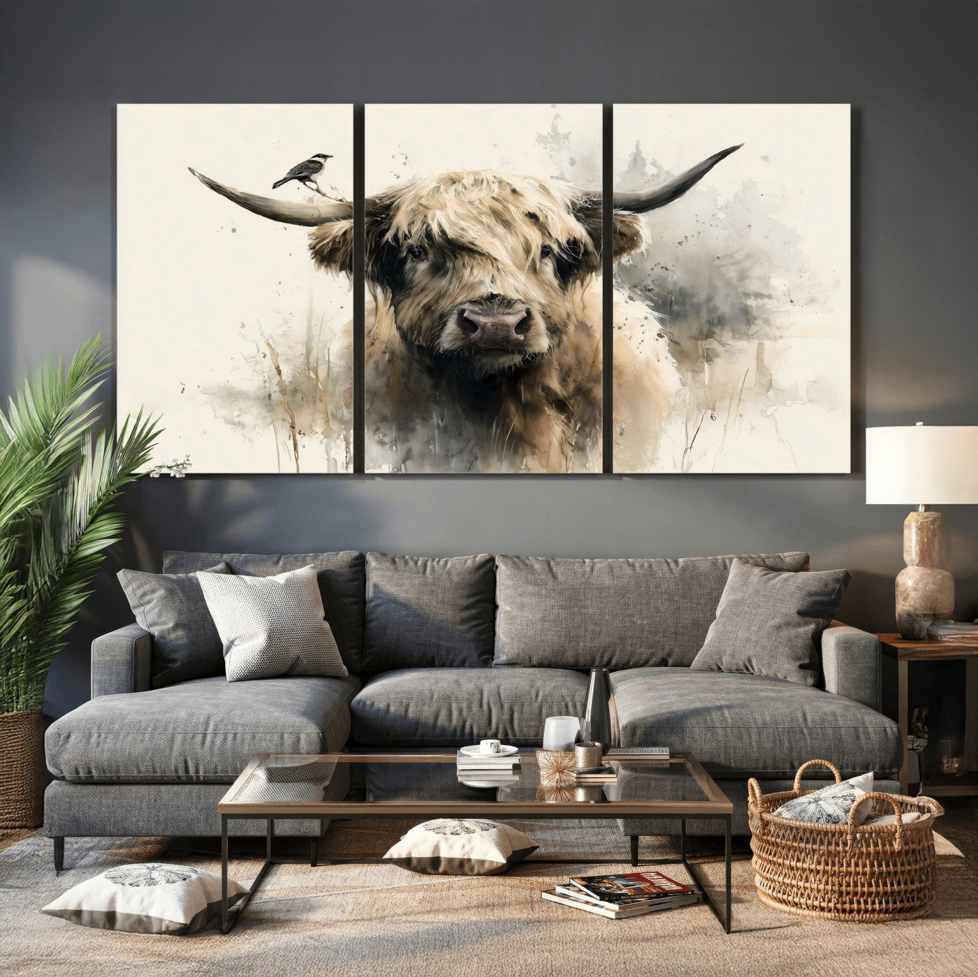 98249290-MGV-CV-36X24 - Abstract Highland Cow Watercolor Animal Wall Art Canvas Print, Rustic Farm Cattle Portrait Canvas Print, Neutral Wildlife Farmhouse Art Printing