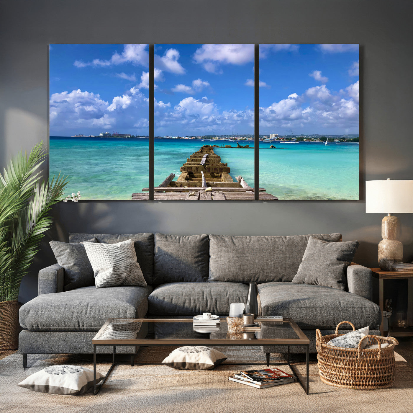 43165024-MGV-CV-36X24 - Caribbean Ocean Pier Seascape Wall Art Canvas Print, Turquoise Sea Tropical Harbor Canvas Print, Island Coastal Blue Water Scenic Art Printing