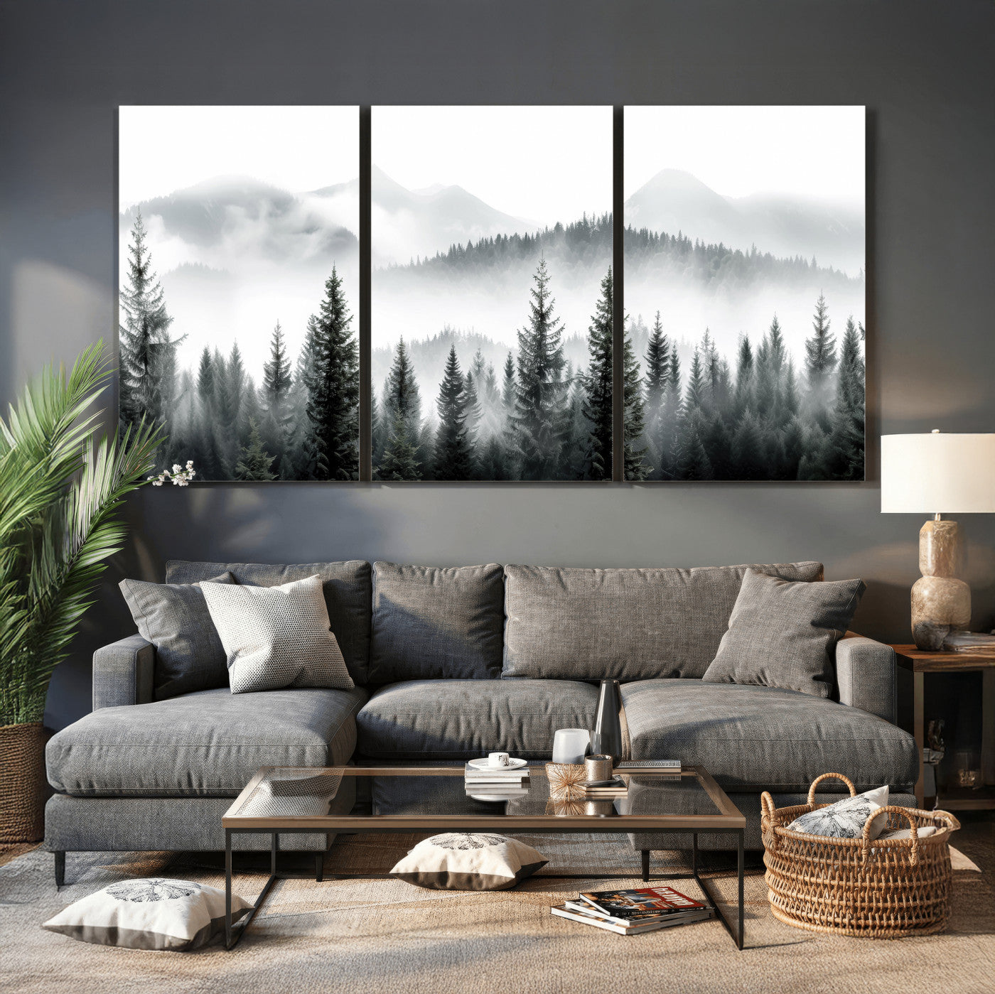 38819032-MGV-CV-36X24 - Misty Pine Forest Mountain Landscape Wall Art Canvas Print, Foggy Evergreen Trees Minimal Nature Canvas Print, Monochrome Wilderness Scenic Art Printing
