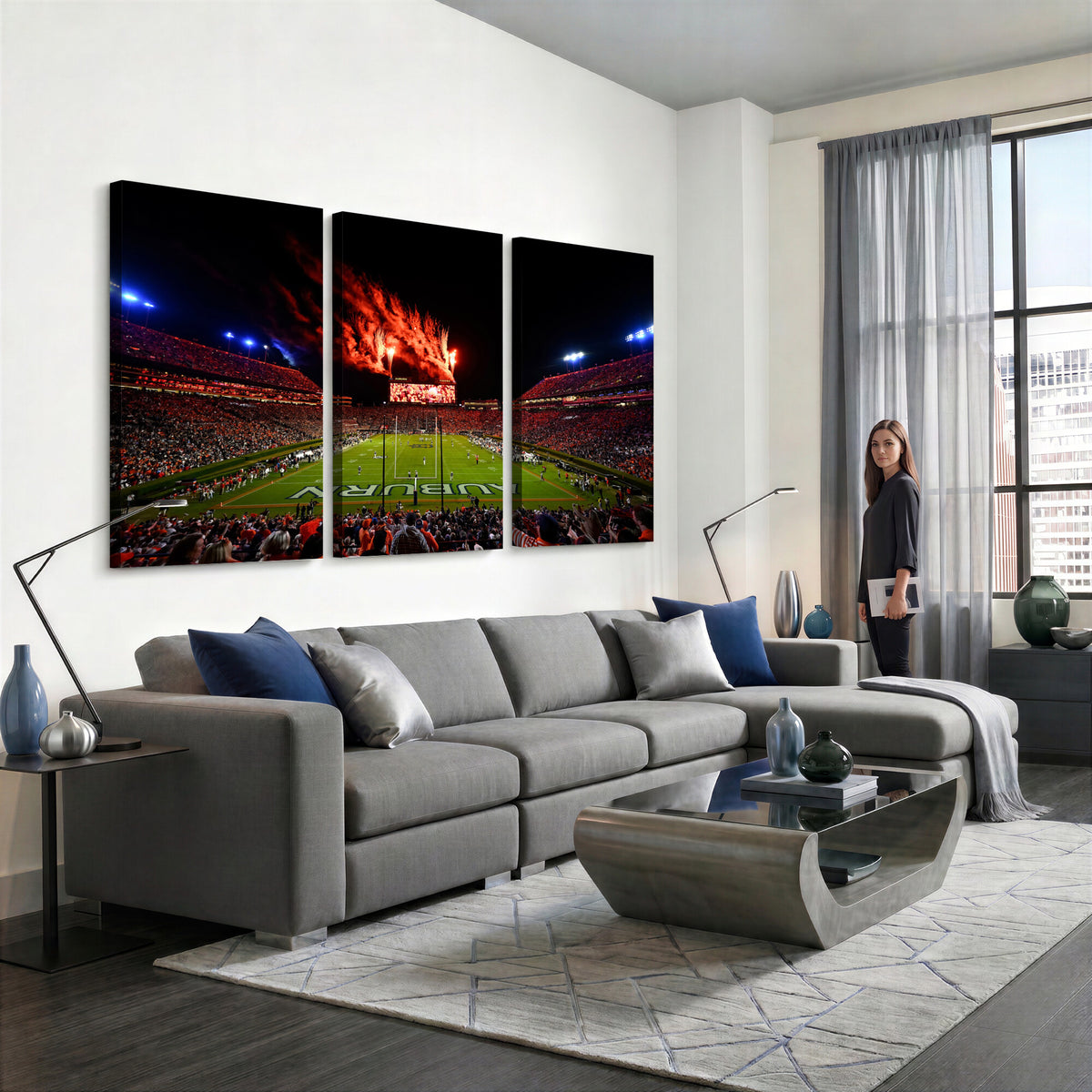 81918884-MGV-CV-36X24 - Auburn Stadium Wall Art Canvas Print, College Football Night Game Crowd, Jordan Hare Stadium Artwork