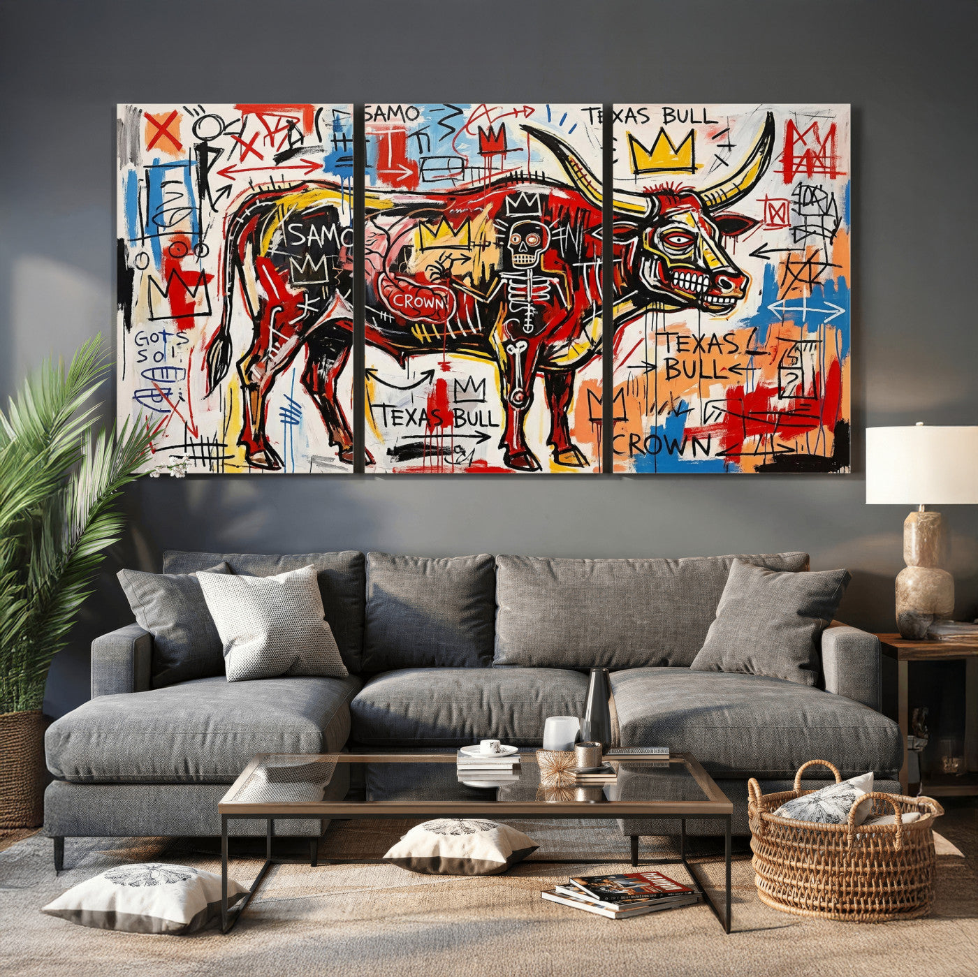 89504579-MGV-CV-36X24 - TITLE: Texas Bull Wall Art Canvas Print, Abstract Graffiti Bull Painting, Western Animal Art, Modern Ranch Decor