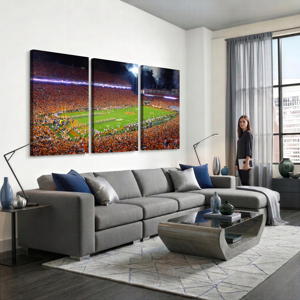 43662631-MGV-CV-36X24 - Clemson Football Stadium Wall Art Canvas Print, College Football Crowd Night Game Scene, Orange Stadium Panorama Wall Decor