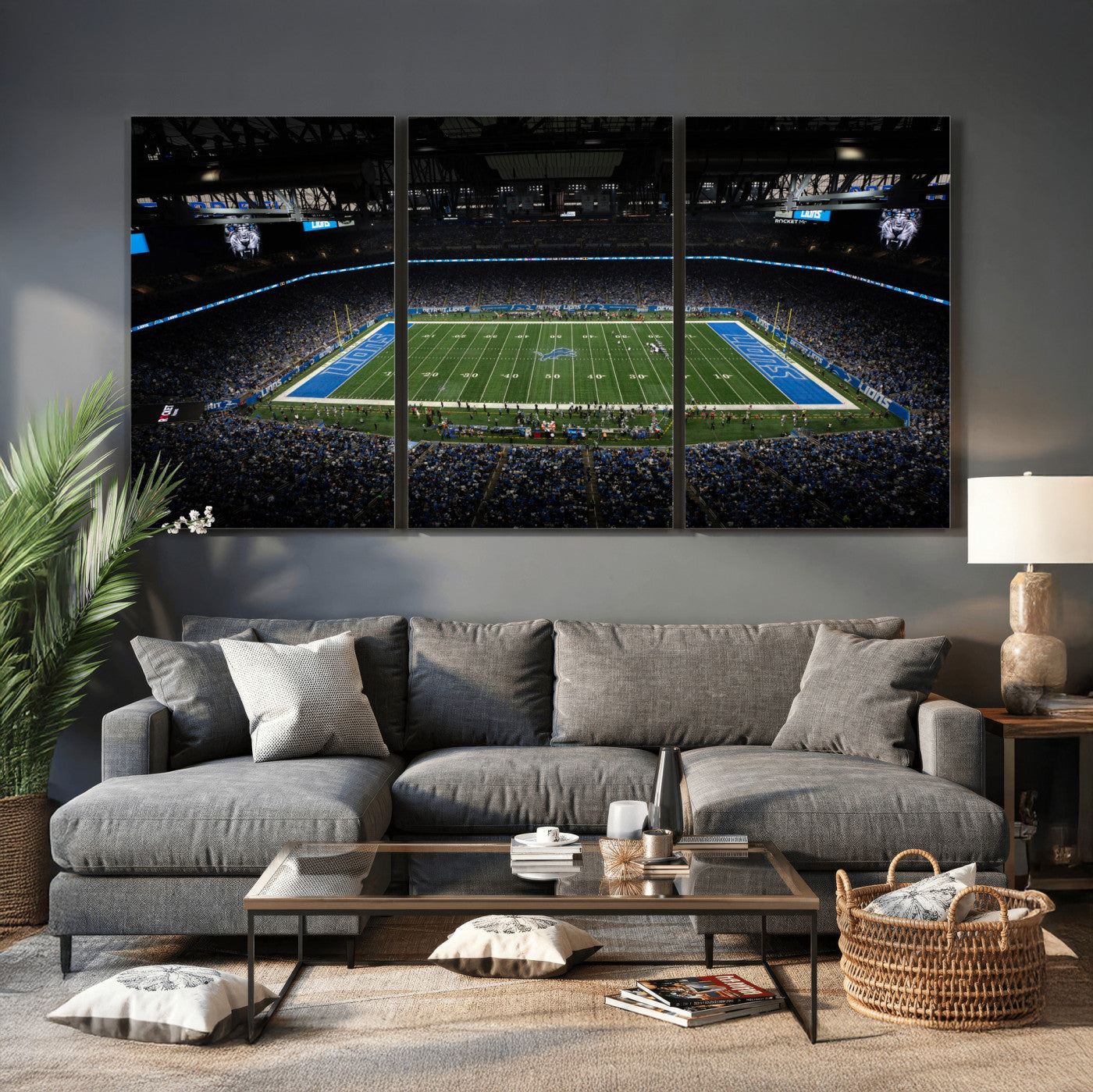 16709602-MGV-CV-36X24 - Detroit Lions Stadium Wall Art Canvas Print, Football Field Panorama Artwork, NFL Game Night Stadium Decor