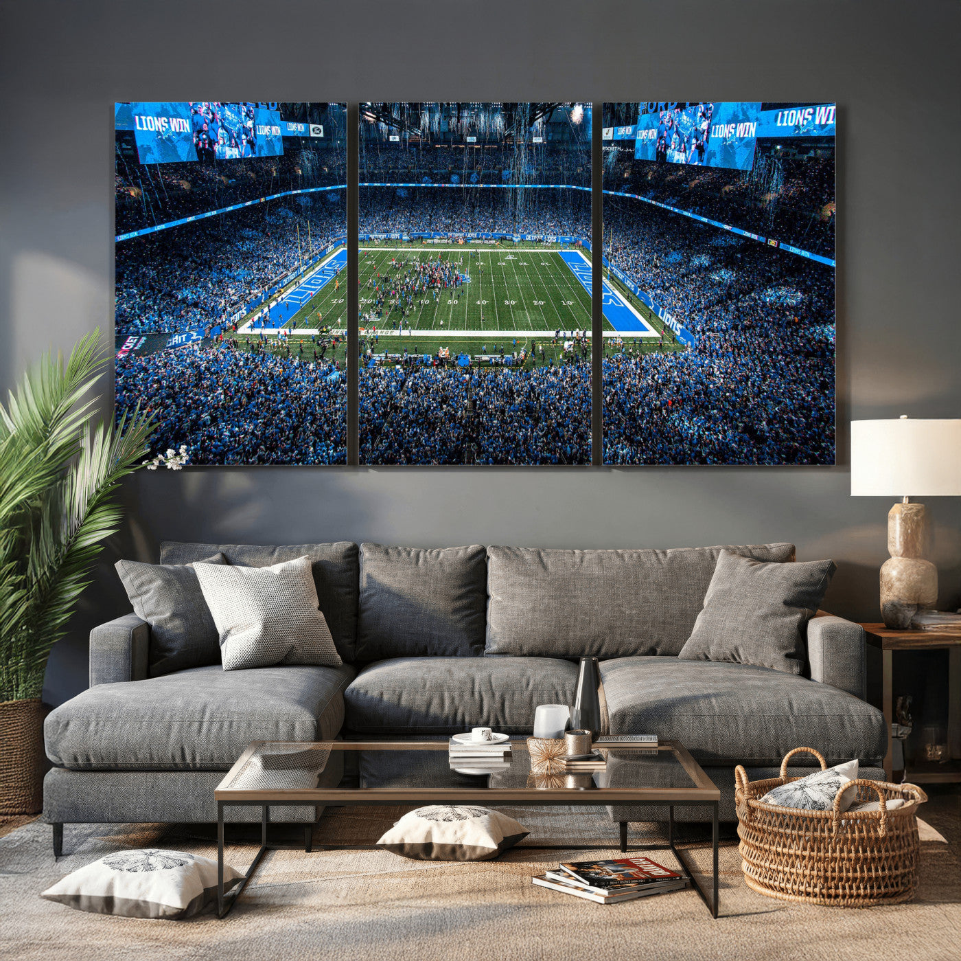 80882005-MGV-CV-36X24 - Detroit Lions Stadium Wall Art Canvas Print, Football Field Panorama Artwork, NFL Game Night Stadium Decor