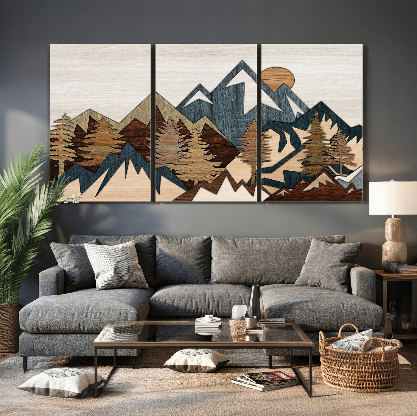 61833055-MGV-CV-36X24 - Mountain Forest Wall Art Canvas Print, Layered Wood Landscape Artwork, Rustic Nature Wall Decor for Living Room