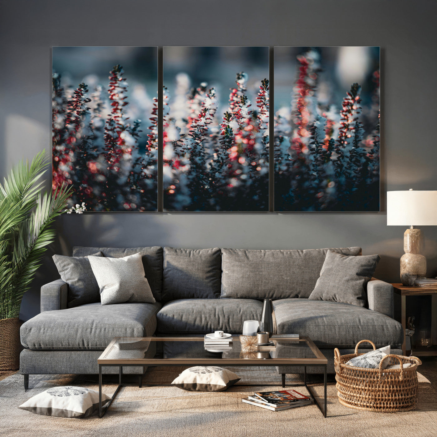 82063935-MGV-CV-36X24 - Winter Heather Wall Art Canvas Print, Frosted Floral Nature Art, Moody Botanical Wall Decor