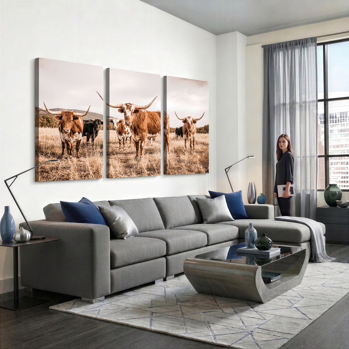 27539727-MGV-CV-36X24 - Texas Longhorn Cattle Wall Art Canvas Print, Sepia Western Decor