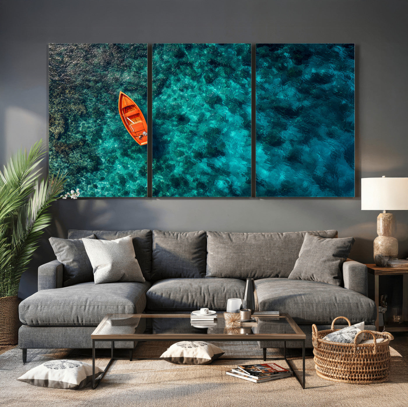 51638658-MGV-CV-36X24 - Turquoise Ocean Boat Wall Art Canvas Print, Aerial Sea Landscape Artwork, Minimal Coastal Water Scene, Modern Blue Ocean Canvas Wall Art Print