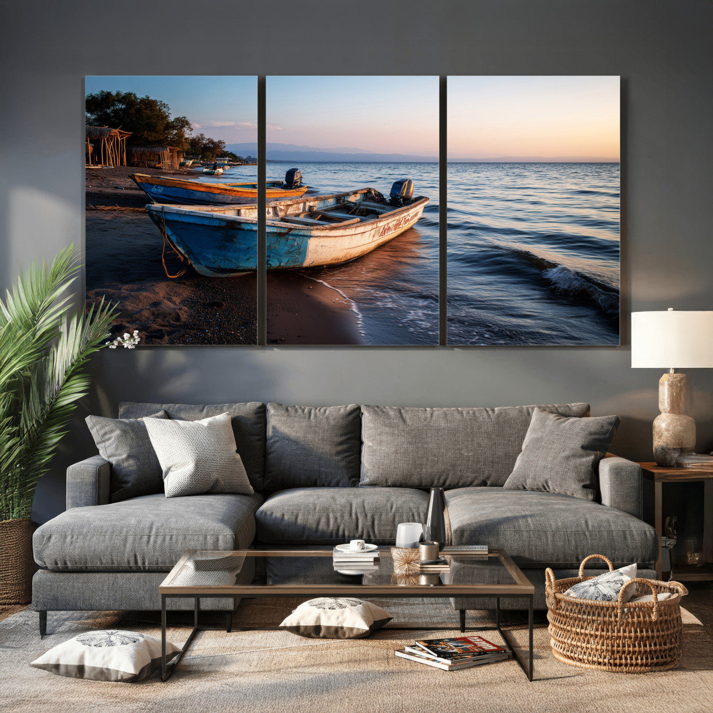 48310406-MGV-CV-36X24 - Coastal Fishing Boats Wall Art Canvas Print, Sunset Beach Boat Scene, Rustic Seaside Landscape Artwork, Calm Ocean Shore Wall Art
