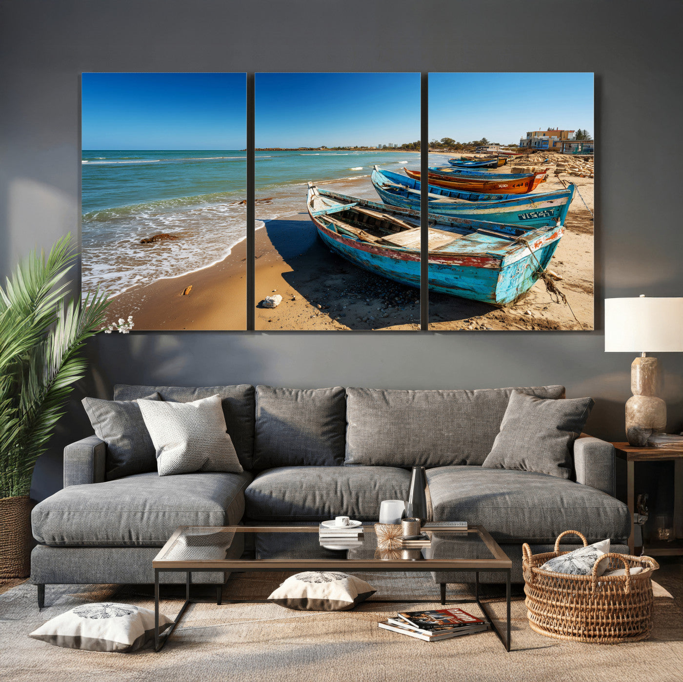 23003319-MGV-CV-36X24 - Coastal Fishing Boats Wall Art Canvas Print, Sunset Beach Boat Scene, Rustic Seaside Landscape Artwork, Calm Ocean Shore Wall Art