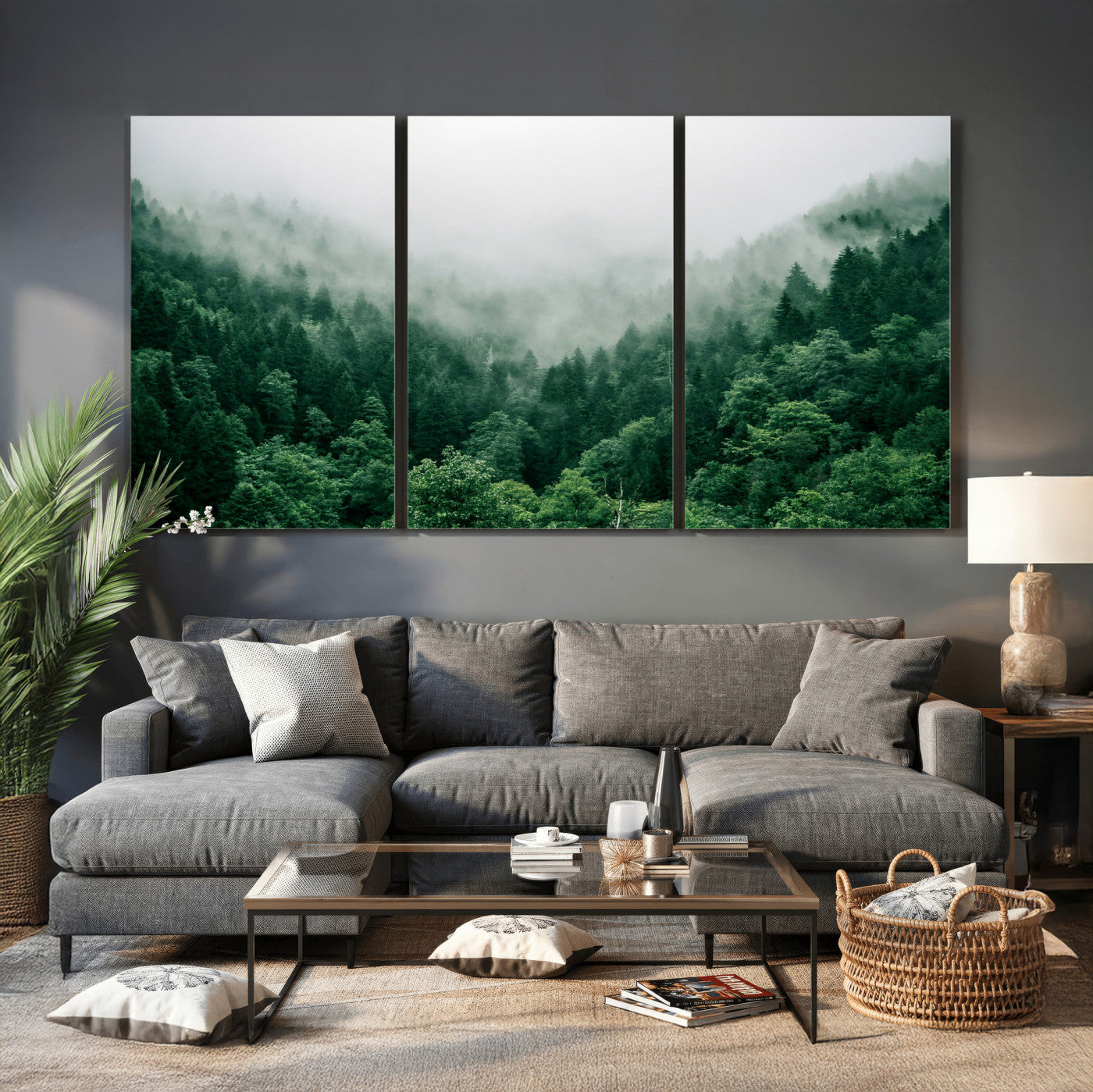 61640815-MGV-CV-36X24 - Misty Pine Forest Wall Art Canvas Print, Foggy Evergreen Landscape Wall Decor, Moody Green Nature Artwork, Minimal Forest Canvas Wall Art, Framed Canvas Wall Art Ready to Hang