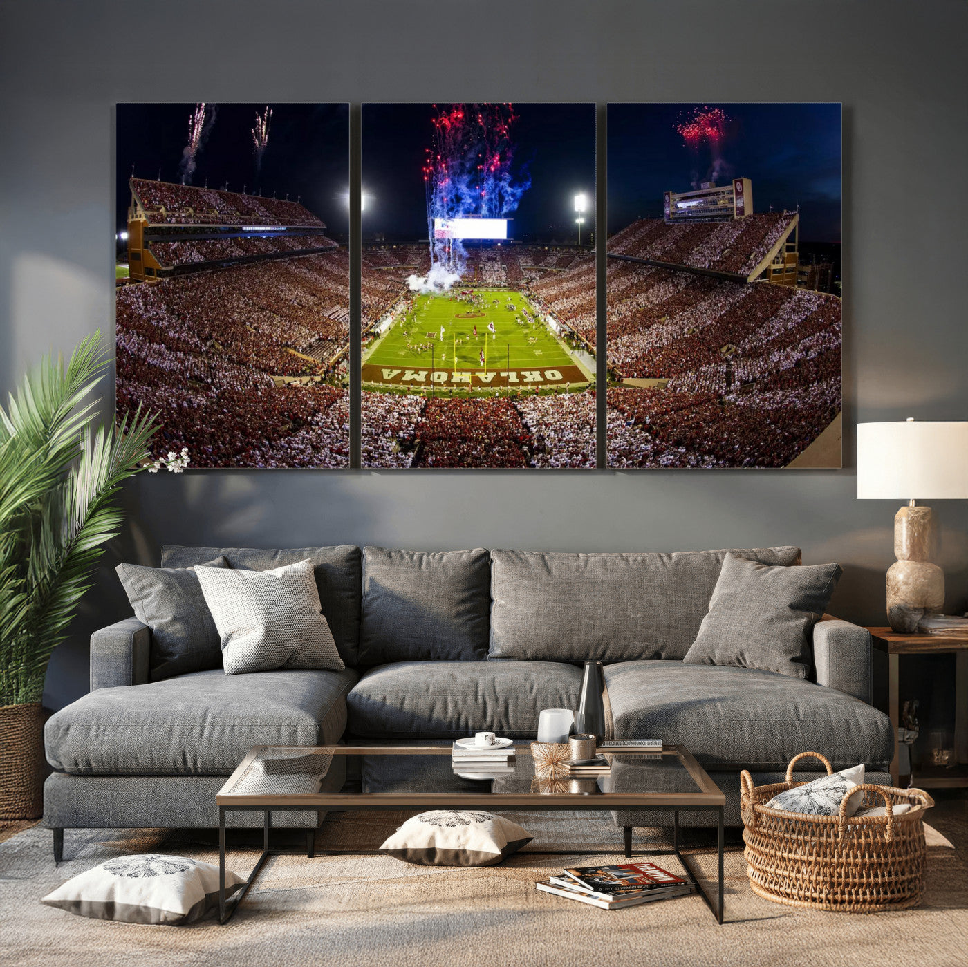 43197777-MGV-CV-36X24 - Oklahoma Memorial Stadium Wall Art Canvas Print – Oklahoma Sooners Football Artwork for Home, Office, and Sports Room Decor