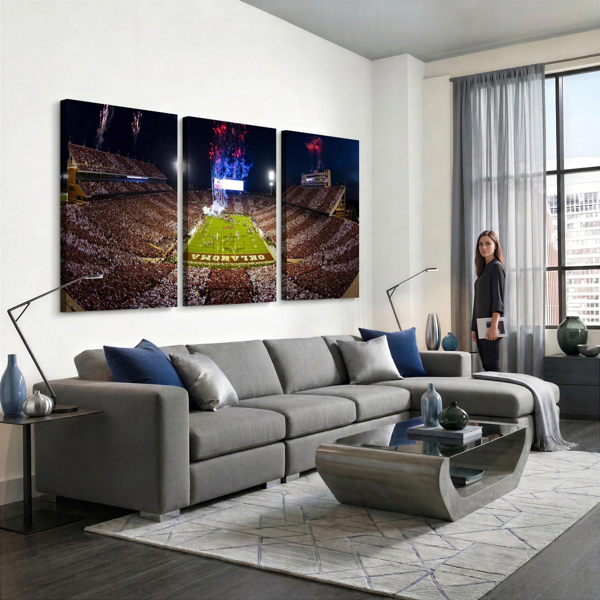 43197777-MGV-CV-36X24 - Oklahoma Memorial Stadium Wall Art Canvas Print – Oklahoma Sooners Football Artwork for Home, Office, and Sports Room Decor