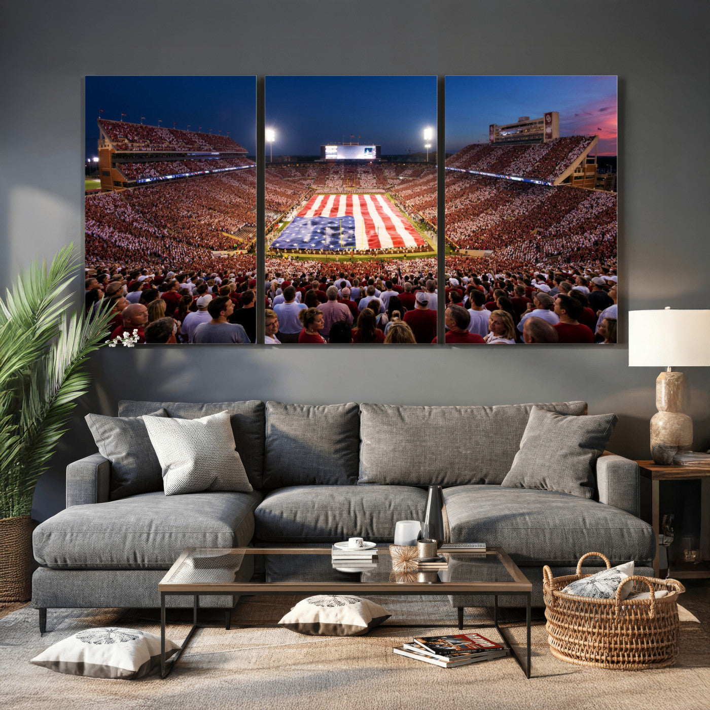 59917418-MGV-CV-36X24 - Oklahoma Memorial Stadium Wall Art Canvas Print – Oklahoma Sooners Football Artwork for Home, Office, and Sports Room Decor