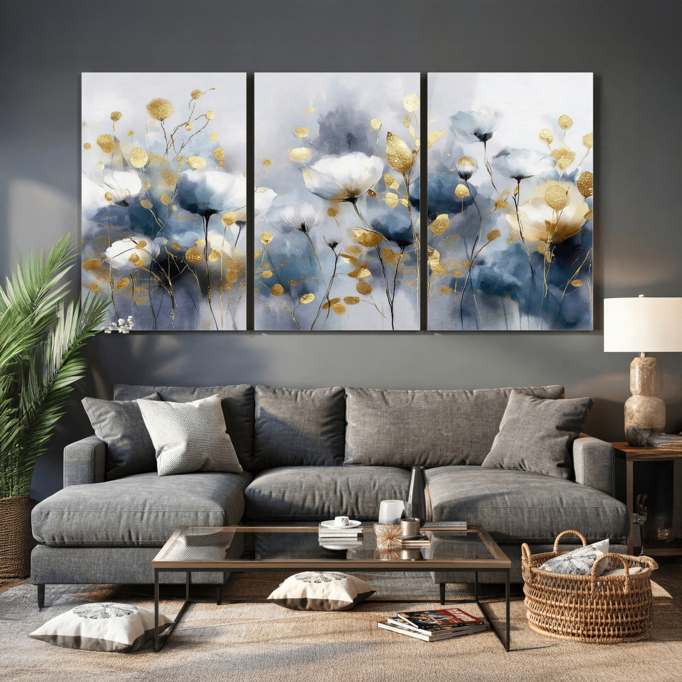 84358857-MGV-CV-36X24 - Large Abstract Flowers Wall Art Canvas Print – Gold and Blue Botanical Artwork for Living Room, Bedroom, and Office Decor