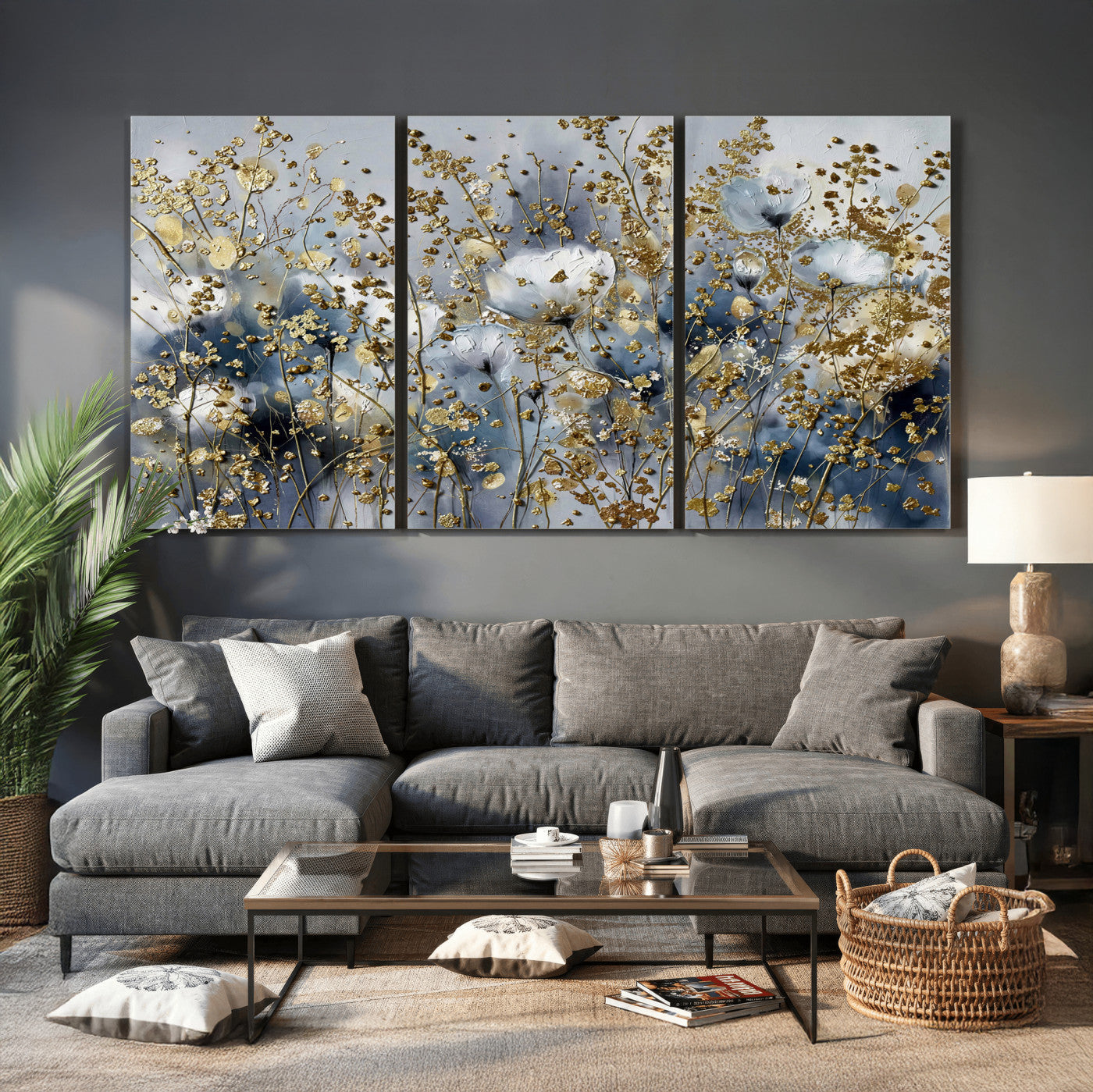 24499670-MGV-CV-36X24 - Abstract Floral Wall Art Canvas Print – Gold and Blue Botanical Artwork for Living Room, Bedroom, and Office Decor
