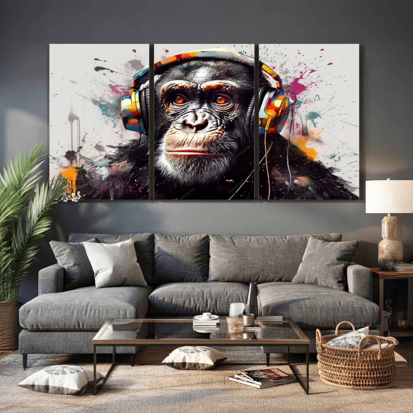 31244985-MGV-CV-36X24 - Dj Monkey Wall Art Canvas Print – Colorful Pop Art Banksy Graffiti Chimpanzee Print