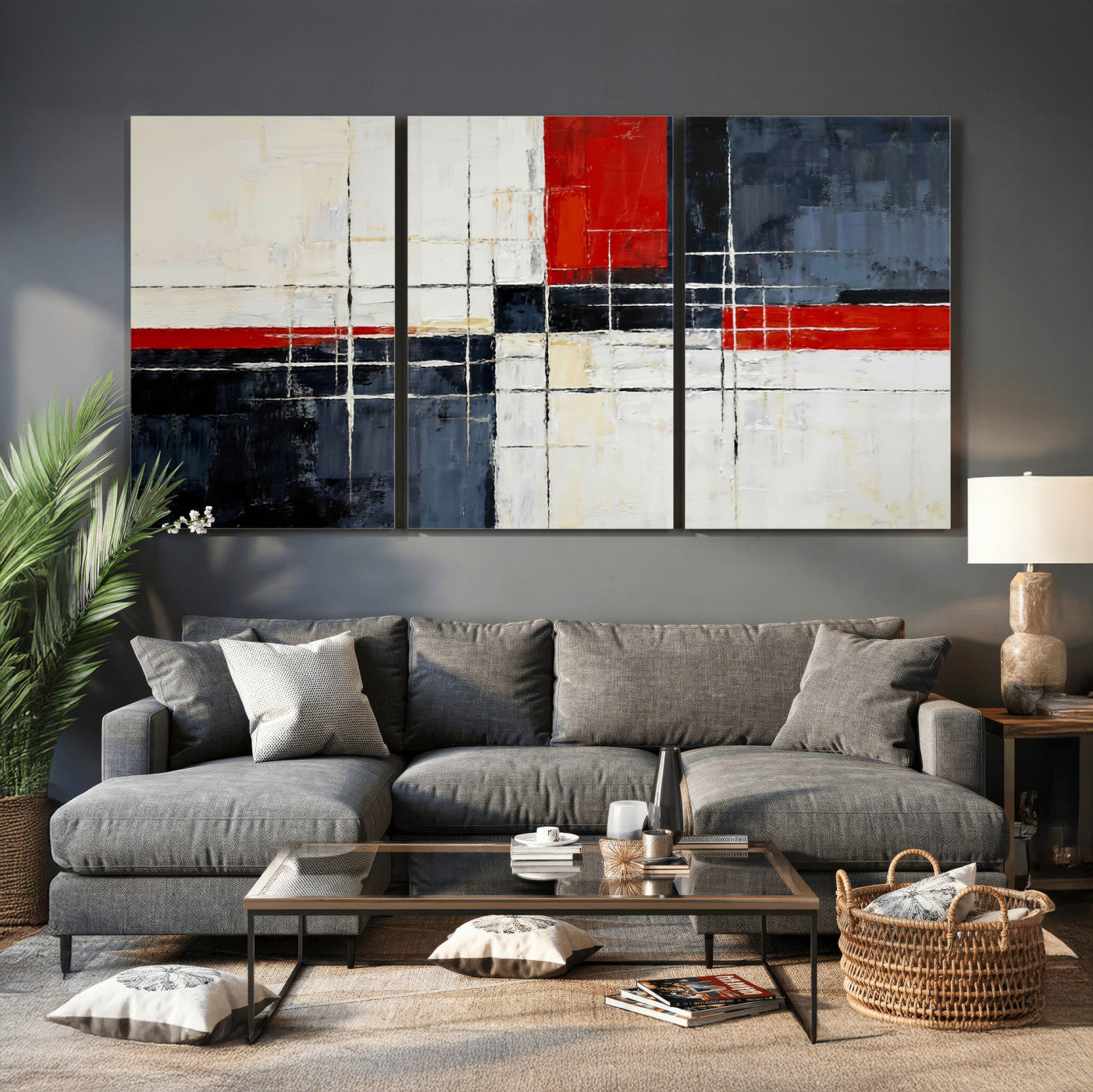 11921181-MGV-CV-36X24 - Navy Red Abstract Wall Art Canvas Print, Modern Luxury Geometric Painting Wall Decor for Living Room and Office