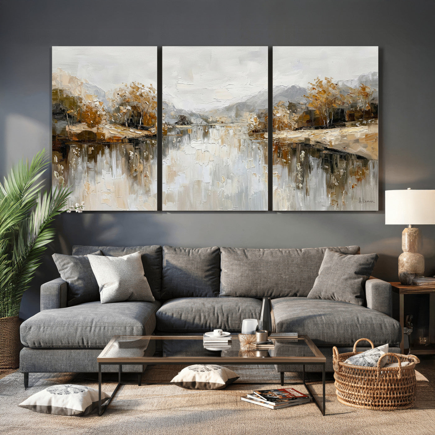 78227690-MGV-CV-36X24 - Neutral Abstract Lake Landscape Wall Art Canvas Print, Modern Minimal River Reflection Canvas Print, Beige Gray Contemporary Nature Art Printing