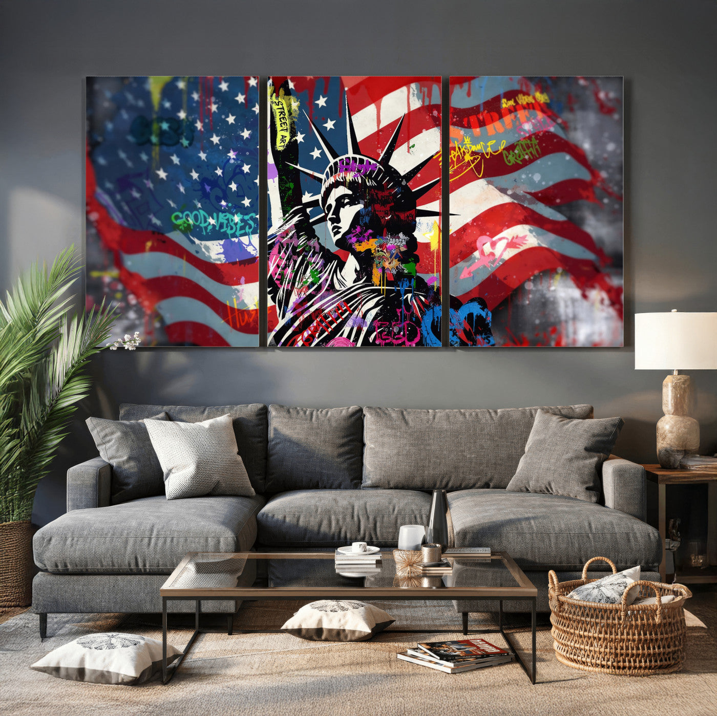 32151941-MGV-CV-36X24 - USA Statue of Liberty Graffiti Street Art Wall Art Canvas Print, American Flag Urban Pop Art Canvas Print, Modern Patriotic Street Art Contemporary Art Printing