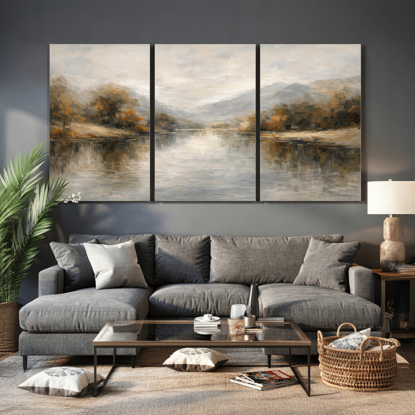 29251761-MGV-CV-36X24 - Neutral Abstract River Landscape Wall Art Canvas Print, Modern Minimal Nature Reflection Canvas Print, Beige Gray Contemporary Mountain Art Printing