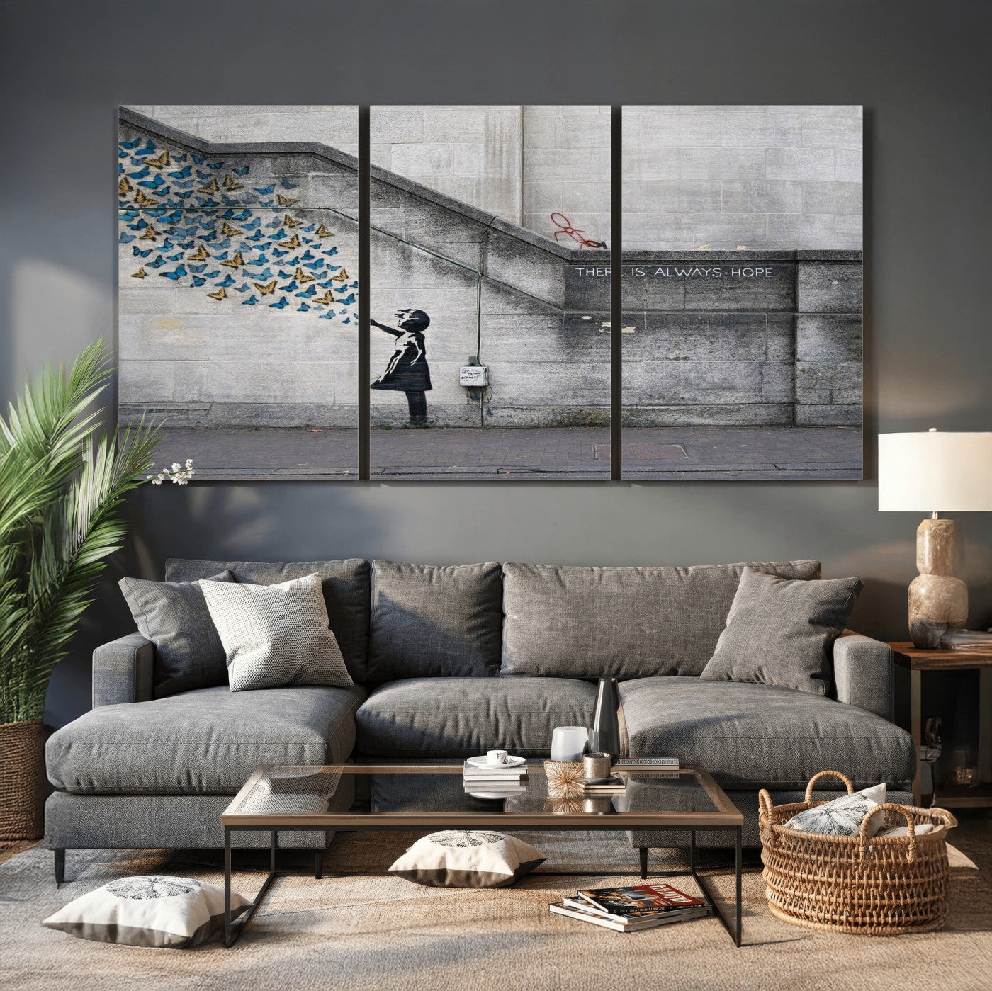 15274223-MGV-CV-36X24 - Banksy Girl with Butterflies Street Art Wall Art Canvas Print, Hope Graffiti Urban Art Canvas Print, Minimalist Inspirational Street Art Contemporary Art Printing