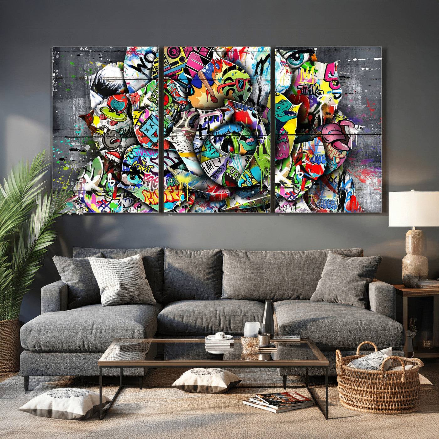 77553344-MGV-CV-36X24 - Abstract Graffiti Collage Street Art Wall Art Canvas Print, Colorful Urban Pop Art Canvas Print, Modern Graffiti Patchwork Contemporary Art Printing