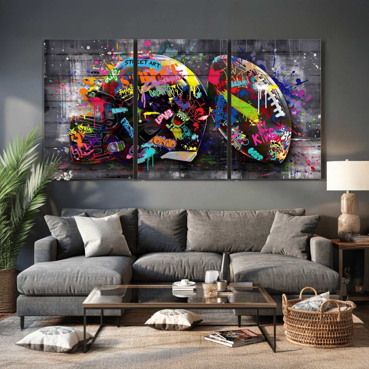80540773-MGV-CV-36X24 - Graffiti American Football Helmet Street Art Wall Art Canvas Print, Urban Sports Pop Art Football Canvas Print, Colorful Graffiti Sports Contemporary Art Printing