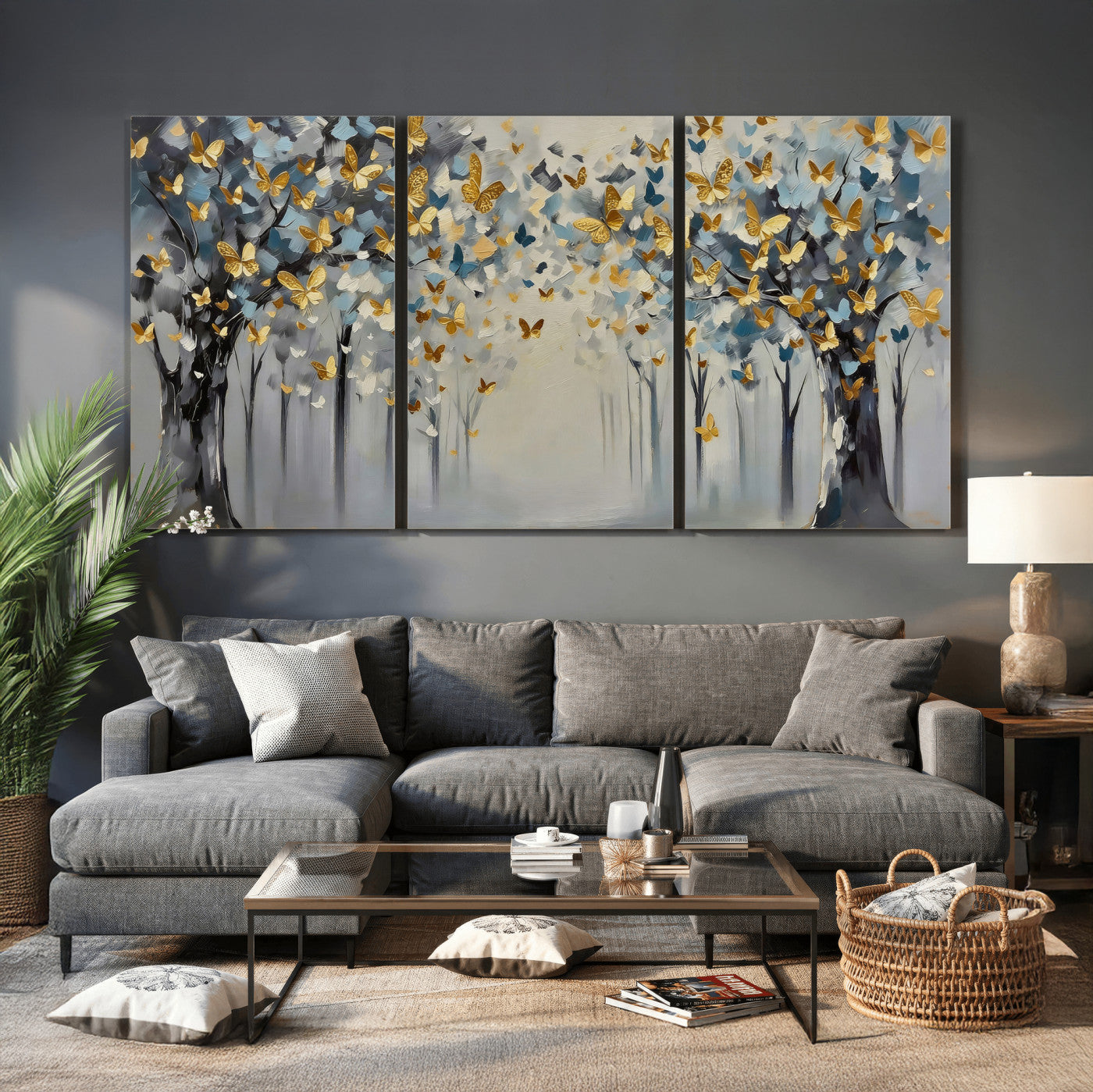 79208191-MGV-CV-36X24 - Golden Butterfly Tree Abstract Wall Art Canvas Print, Modern Elegant Nature Painting Canvas Print, Blue Gold Contemporary Floral Art Printing