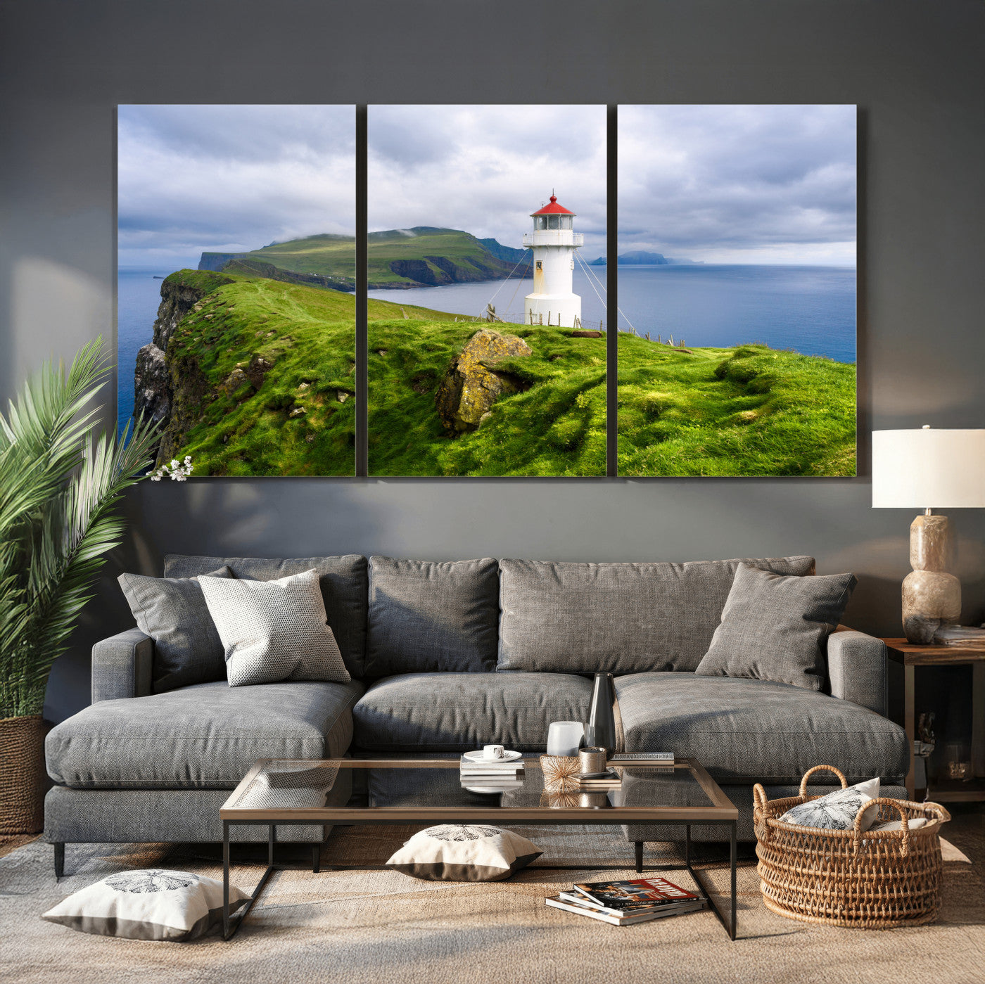 10680390-MGV-CV-36X24 - Coastal Lighthouse Wall Art Canvas Print, Cliffside Ocean Landscape Canvas Print, Scandinavian Coastal Decor for Living Room