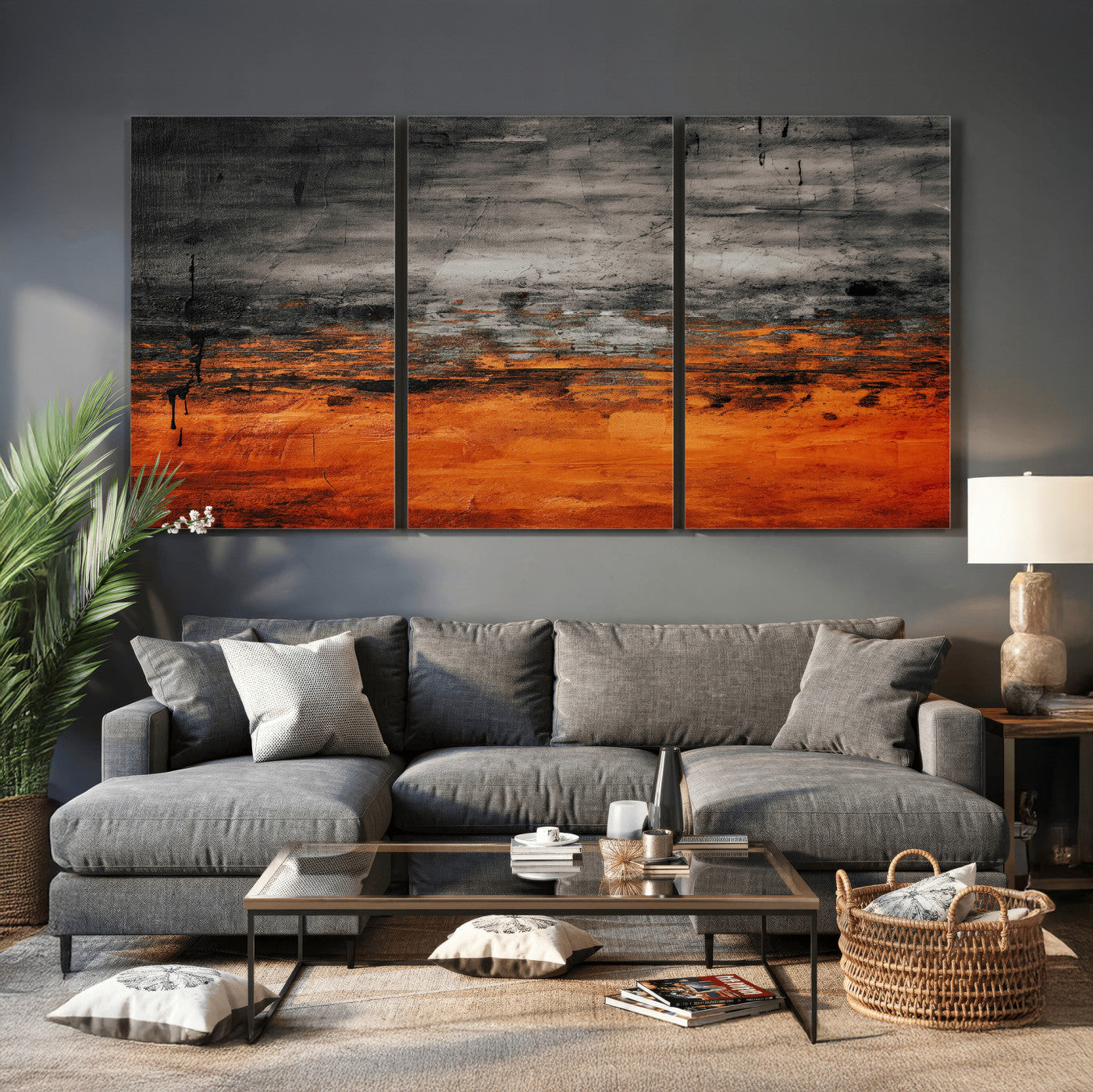 75409282-MGV-CV-36X24 - Black Orange Abstract Wall Art Canvas Print Modern Textured Painting Decor