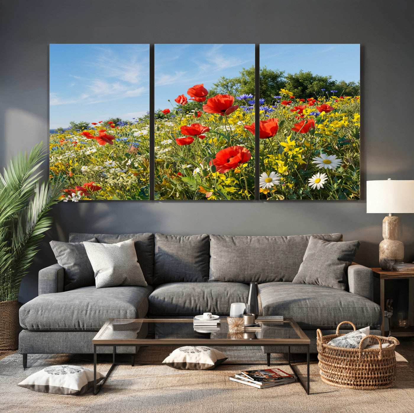 38570784-MGV-CV-36X24 - Wildflower Meadow Wall Art Canvas Print – Colorful Poppy and Daisy Field Landscape Artwork for Living Room Decor