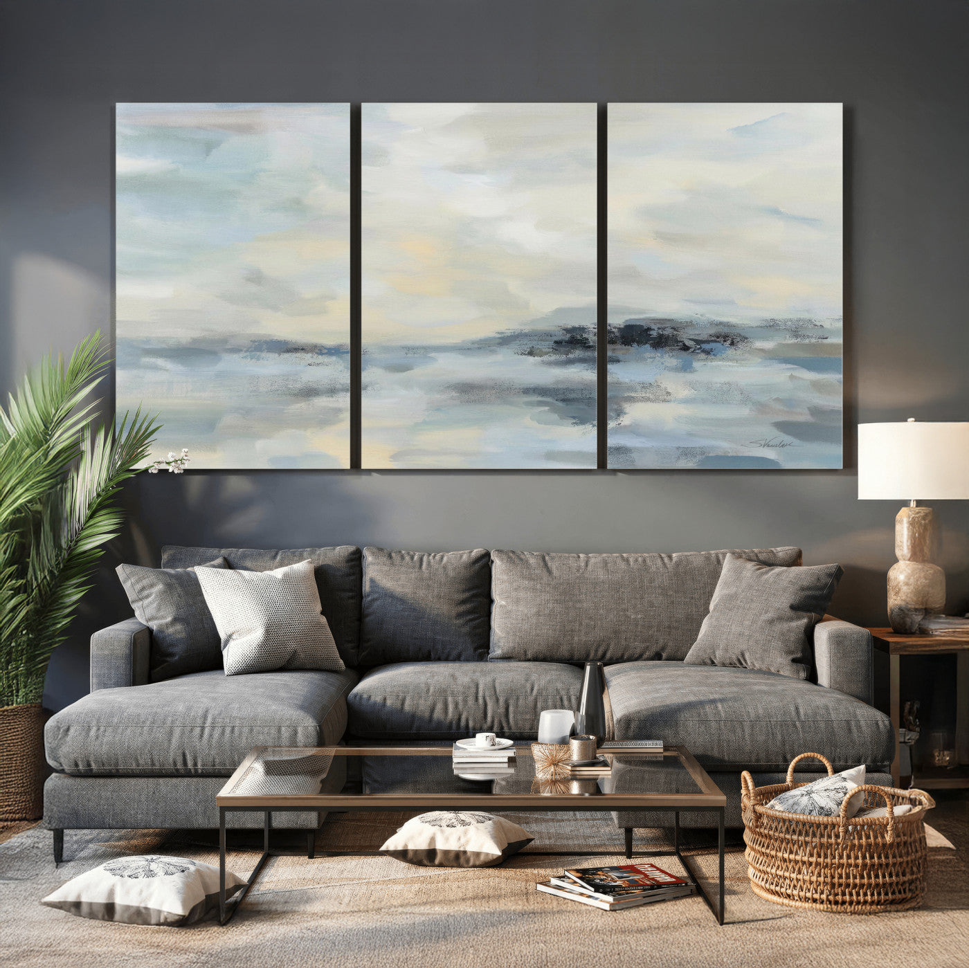 24647355-MGV-CV-36X24 - Abstract Coastal Landscape Wall Art Canvas Print – Soft Blue Gray Minimalist Painting
