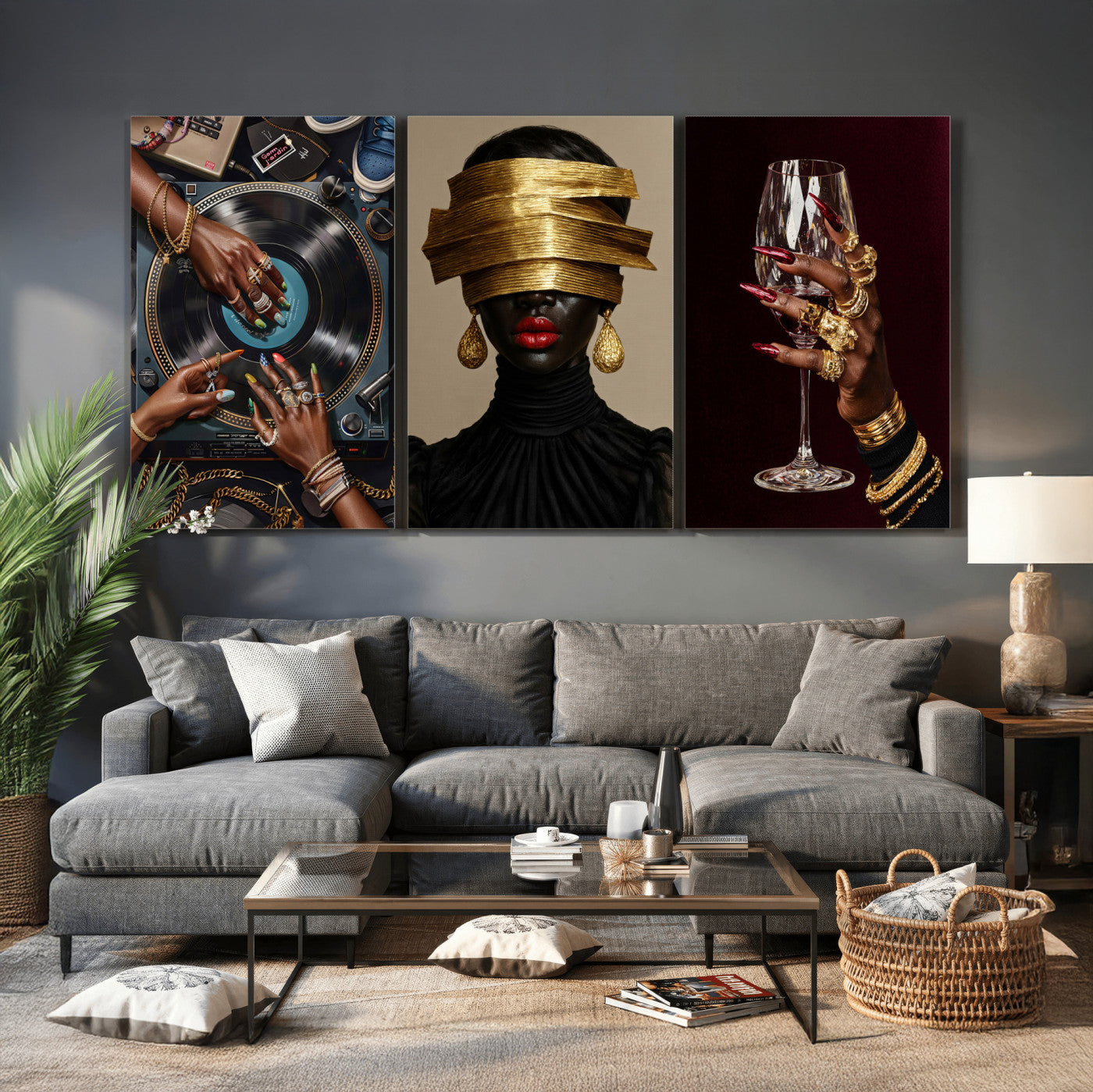 8151788S6-MGV-CV-60X30-3P - Luxury Fashion Wall Art Canvas Print Set of 3, Gold Jewelry Portrait Triptych, Glam Black Woman Modern Artwork