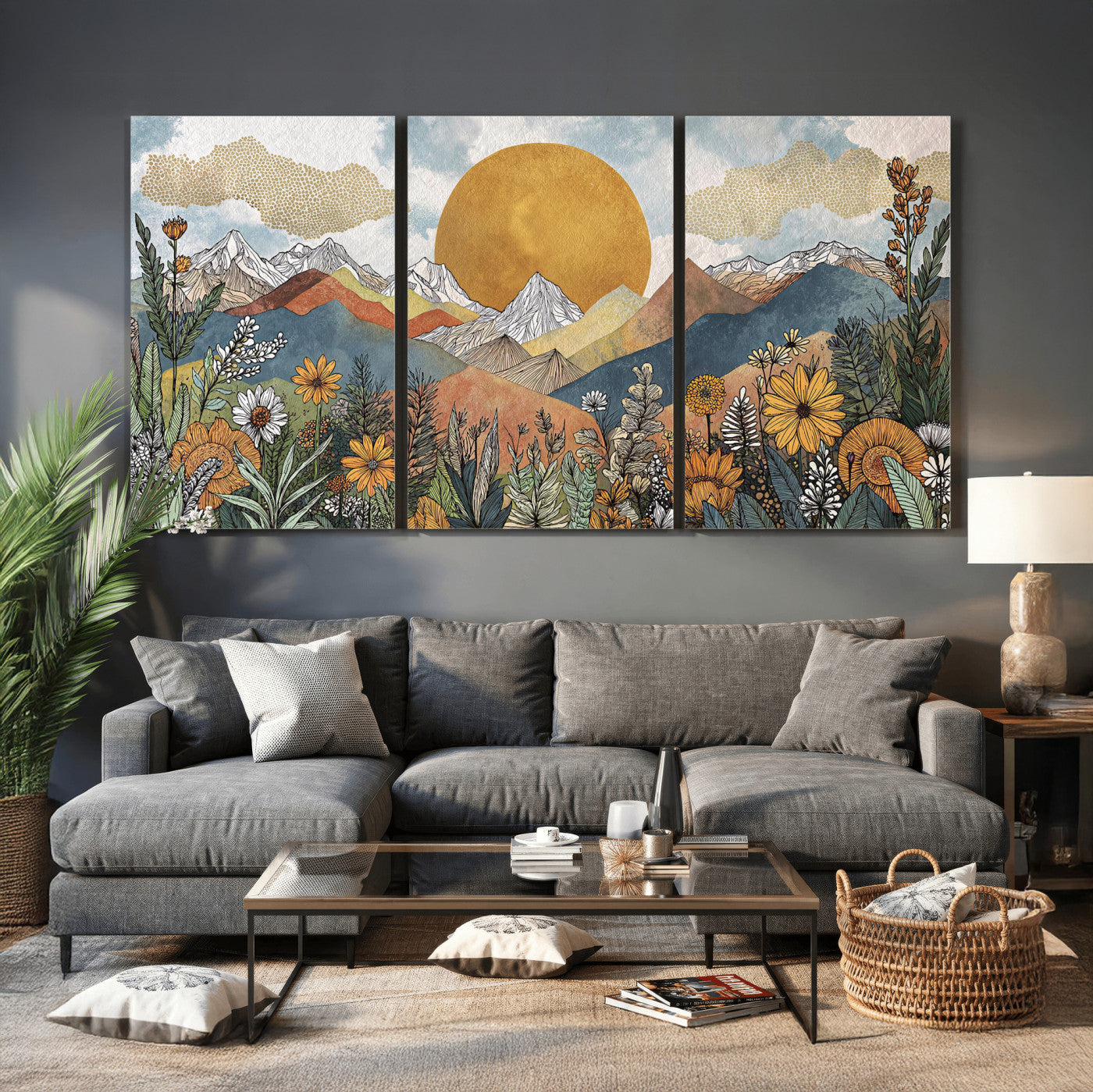 17540863-MGV-CV-36X24 - Boho Mountain Landscape Large Wall Art, Horizontal Gold Framed Canvas Print with Sun and Flowers