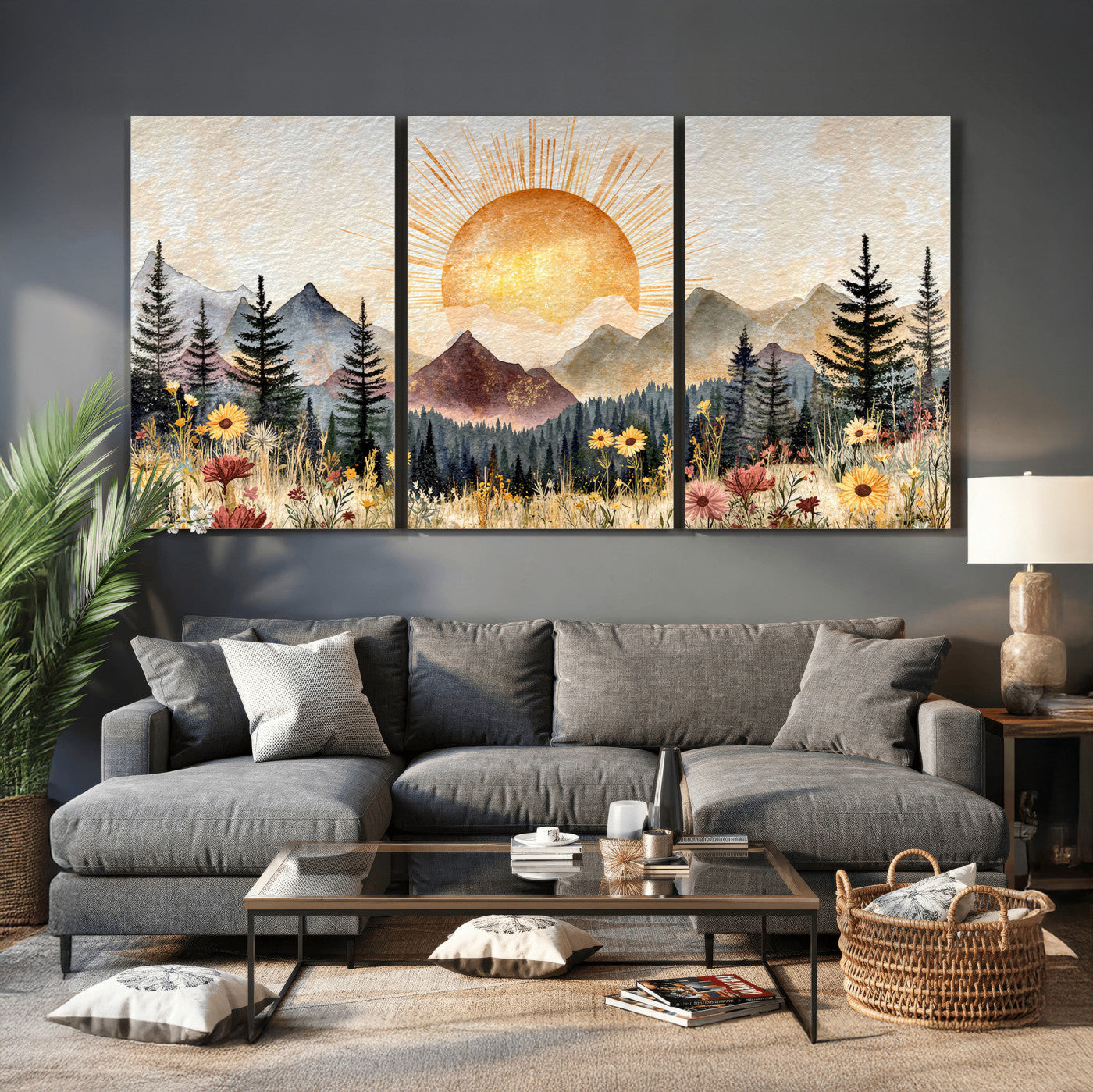69025244-MGV-CV-36X24 - Boho Mountain Landscape Large Wall Art, Horizontal Gold Framed Canvas Print with Sun and Flowers