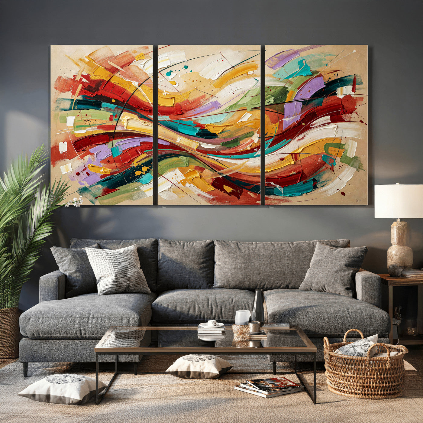 39887645-MGV-CV-36X24 - Geometric Abstract Wall Art Canvas Print, Orange Blue Abstract Expressionist Painting Print, Modern Geometric Abstract Canvas Art