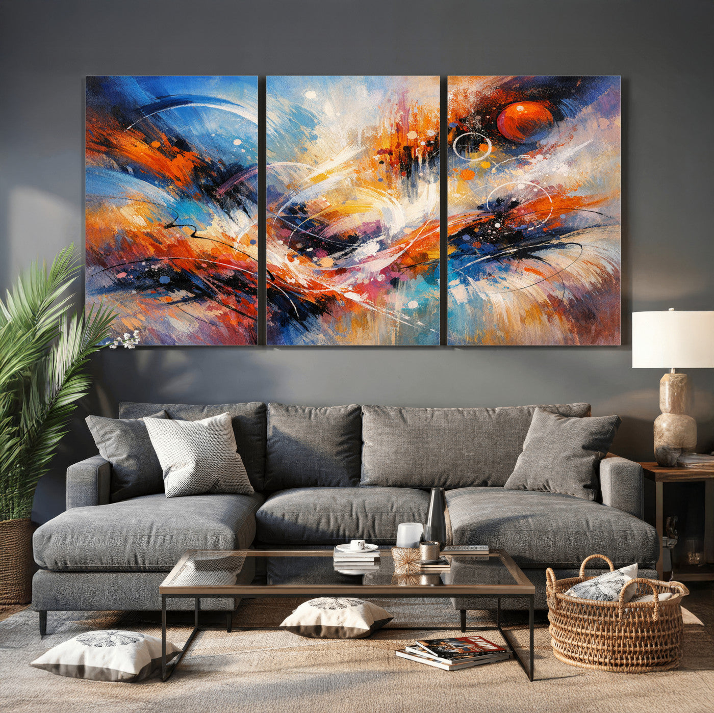 47770355-MGV-CV-36X24 - Geometric Abstract Wall Art Canvas Print, Orange Blue Abstract Expressionist Painting Print, Modern Geometric Abstract Canvas Art