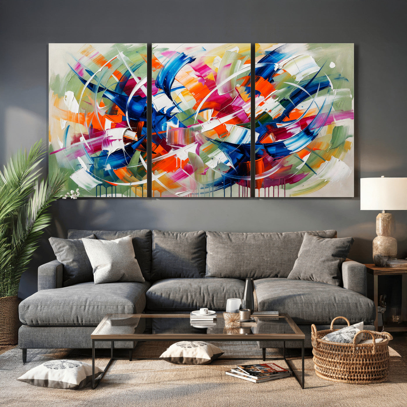 15032888-MGV-CV-36X24 - Geometric Abstract Wall Art Canvas Print, Orange Blue Abstract Expressionist Painting Print, Modern Geometric Abstract Canvas Art